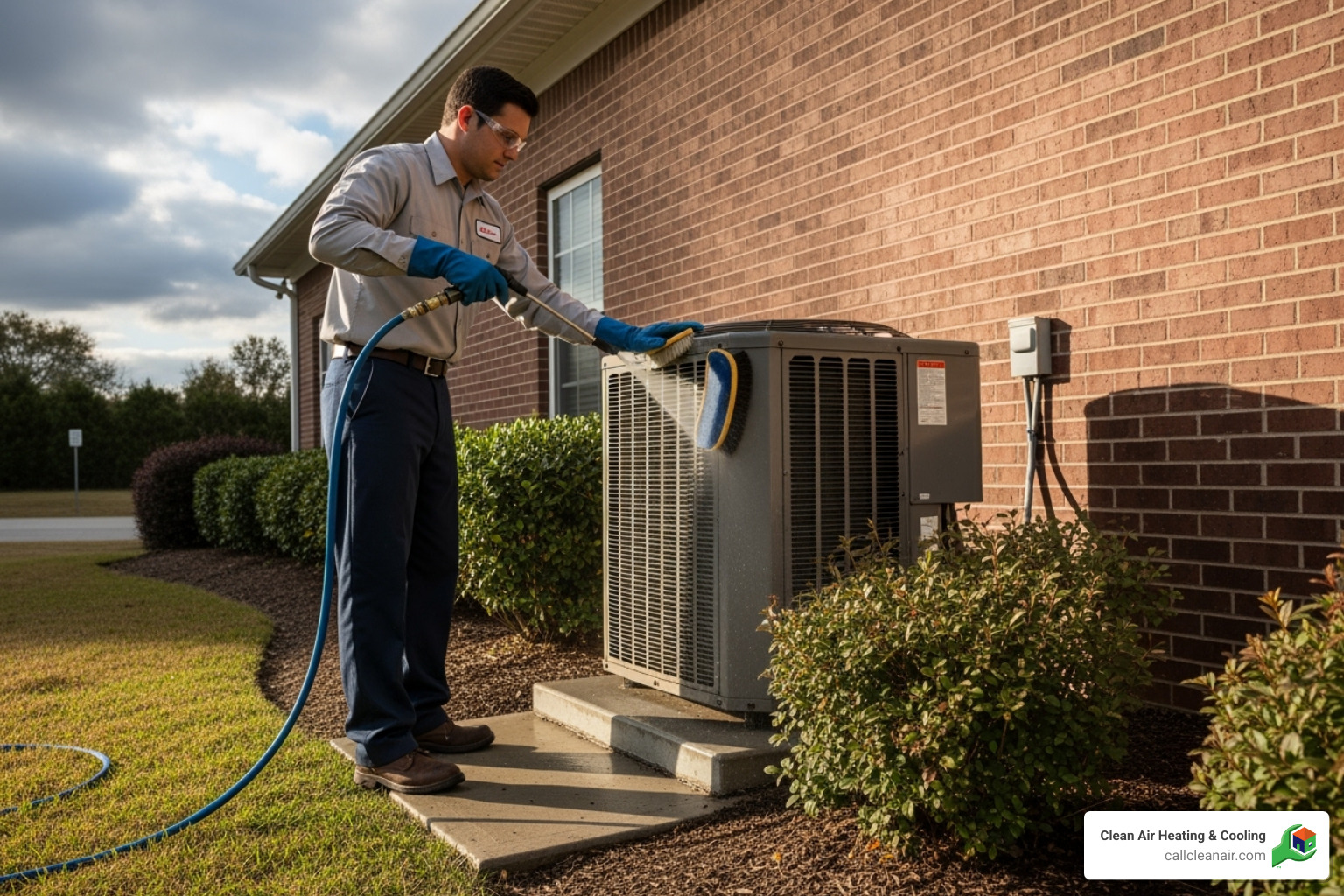 Technician cleaning outdoor condenser unit - hvac anacortes wa