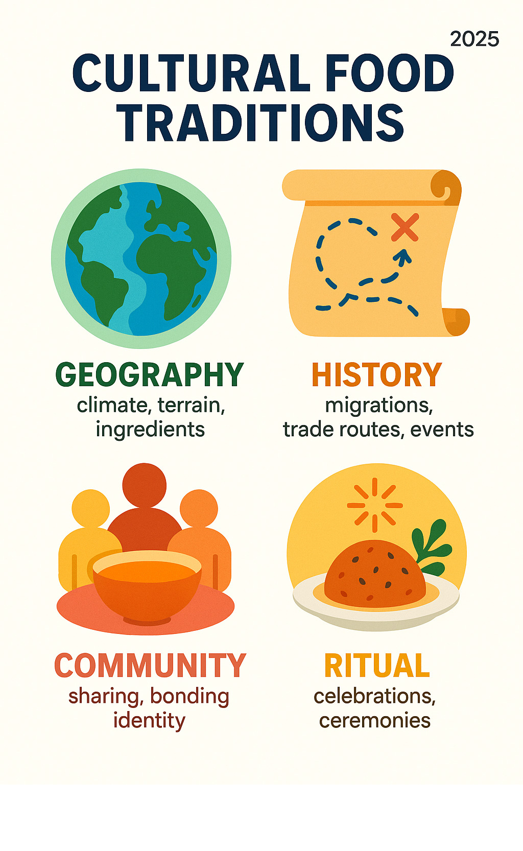 Infographic detailing the core components of cultural food traditions, including Geography (climate, terrain, ingredients), History (migrations, trade routes, events), Community (sharing, bonding, identity), and Ritual (celebrations, ceremonies). - Cultural food traditions infographic 