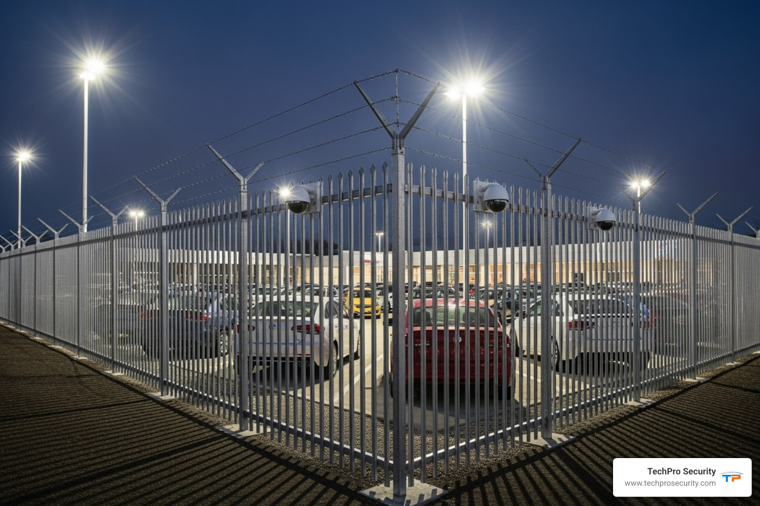 strong perimeter fencing with integrated lighting and security cameras - car dealership security