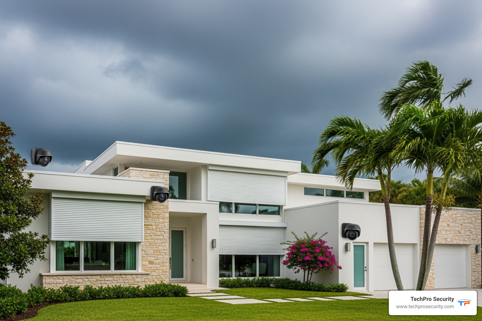 home prepared for a storm with security features visible - security systems boca raton