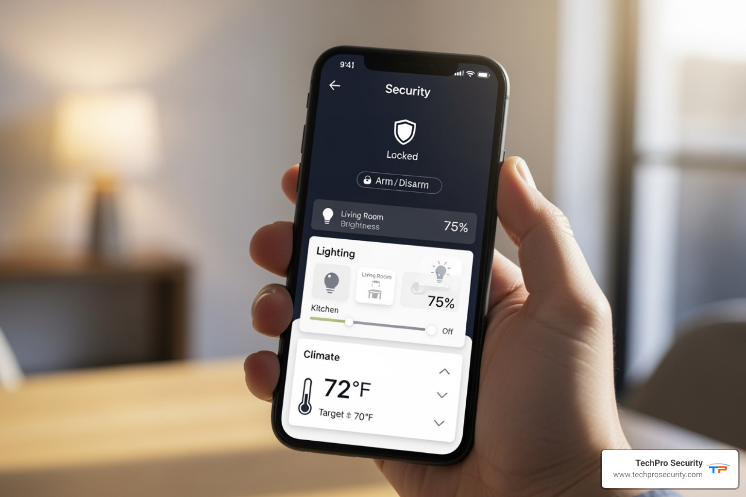 person using a smartphone to control their home security, lights, and thermostat - security systems boca raton