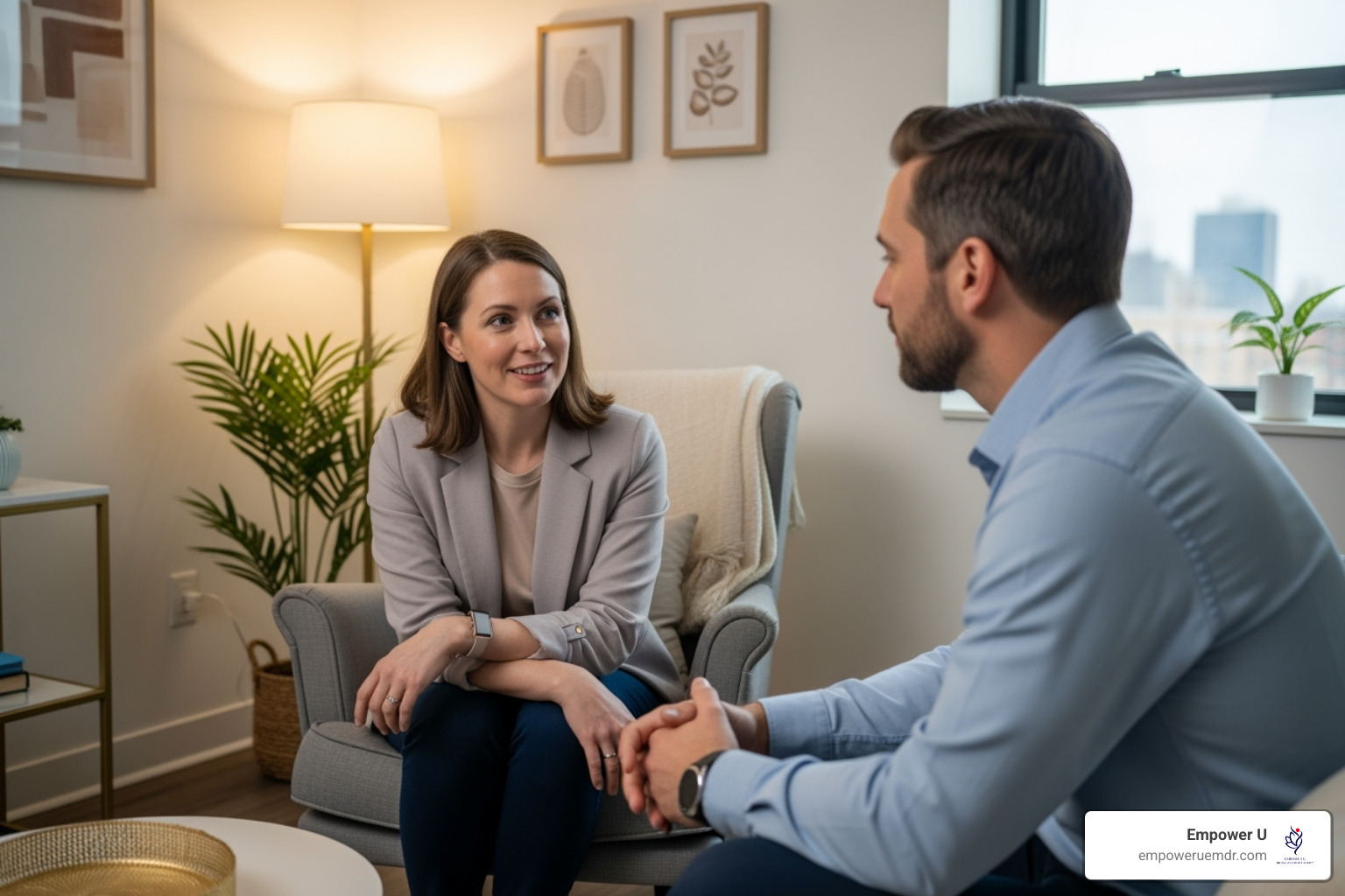 Two people in a supportive, therapeutic conversation - EMDR therapy for adults