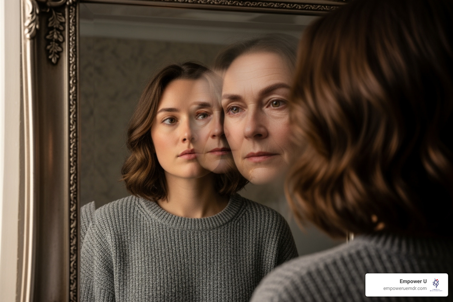 person looking thoughtfully in a mirror that reflects an older relative - intergenerational trauma therapy