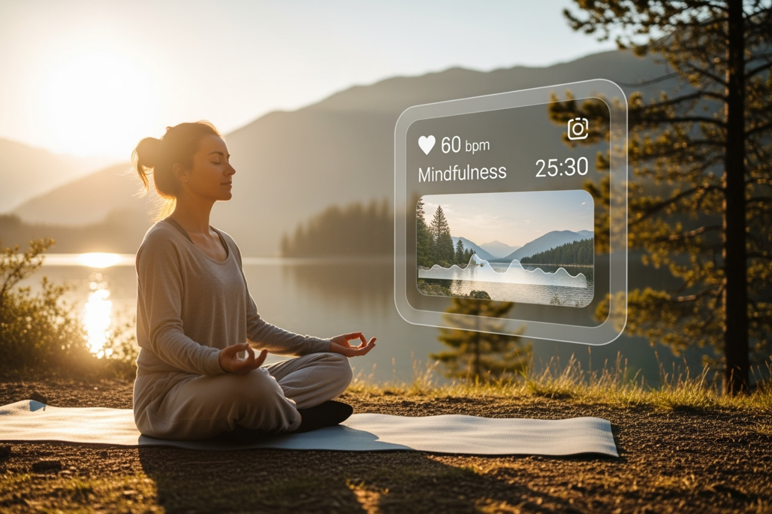 A person meditating outdoors, with a subtle overlay of a wellness tracker - personal development and self care