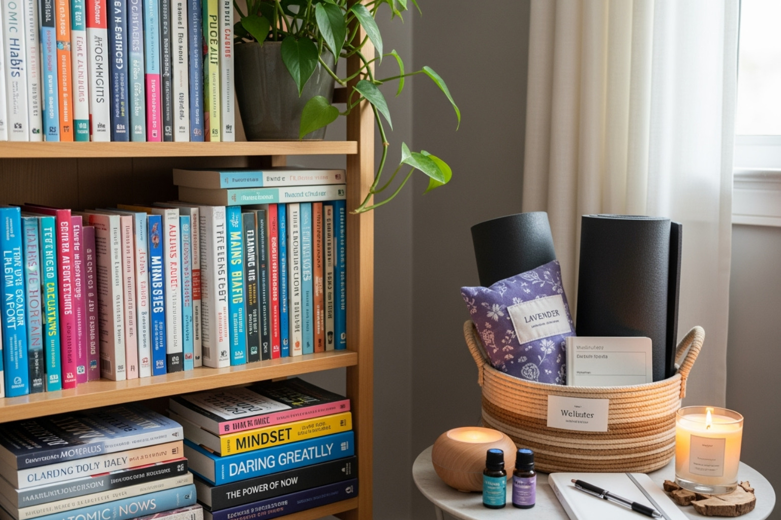 A bookshelf with personal growth books next to a neatly organized wellness kit - personal development and self care