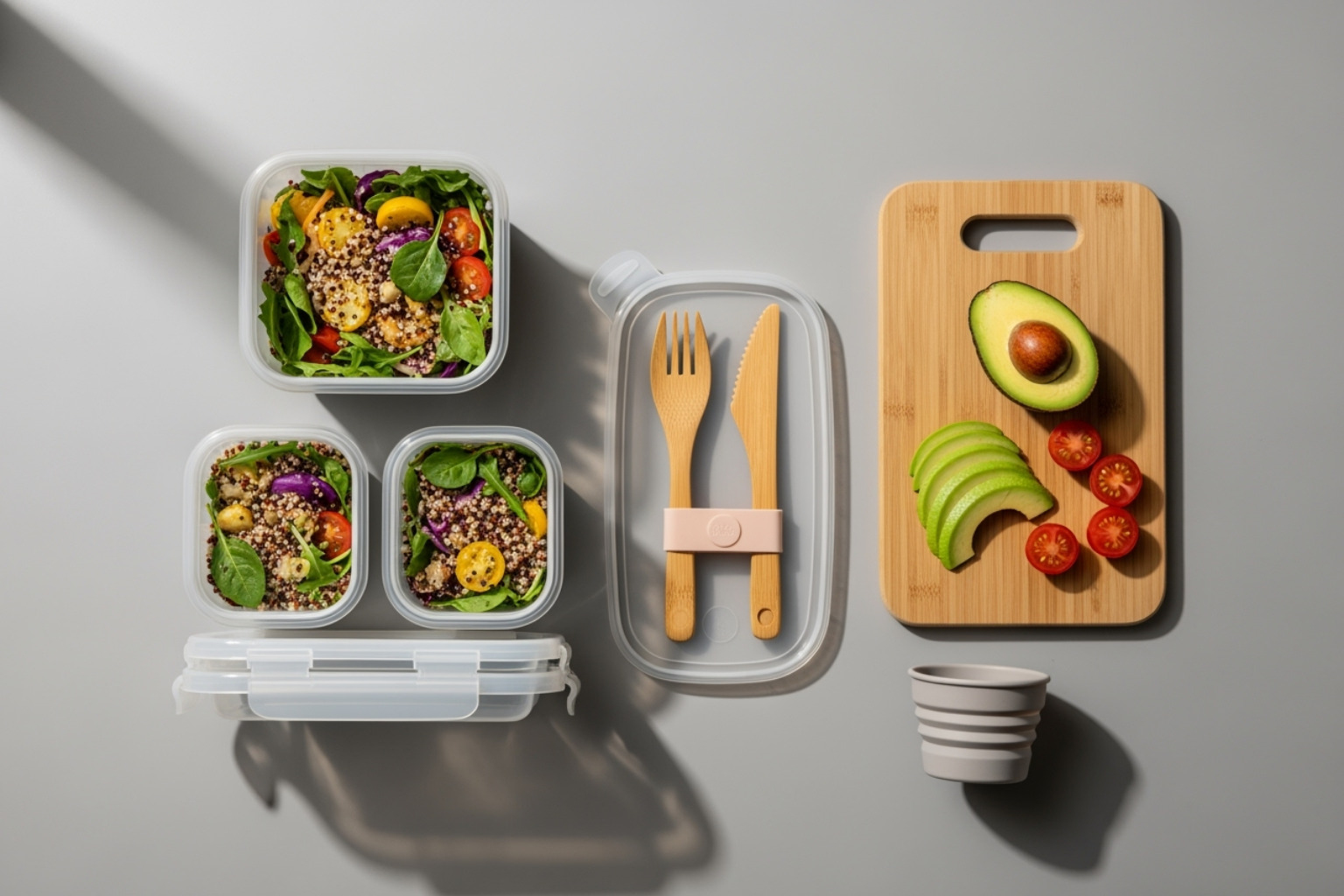 travel kit with reusable containers, utensils, and a small cutting board - vegan travel meal prep