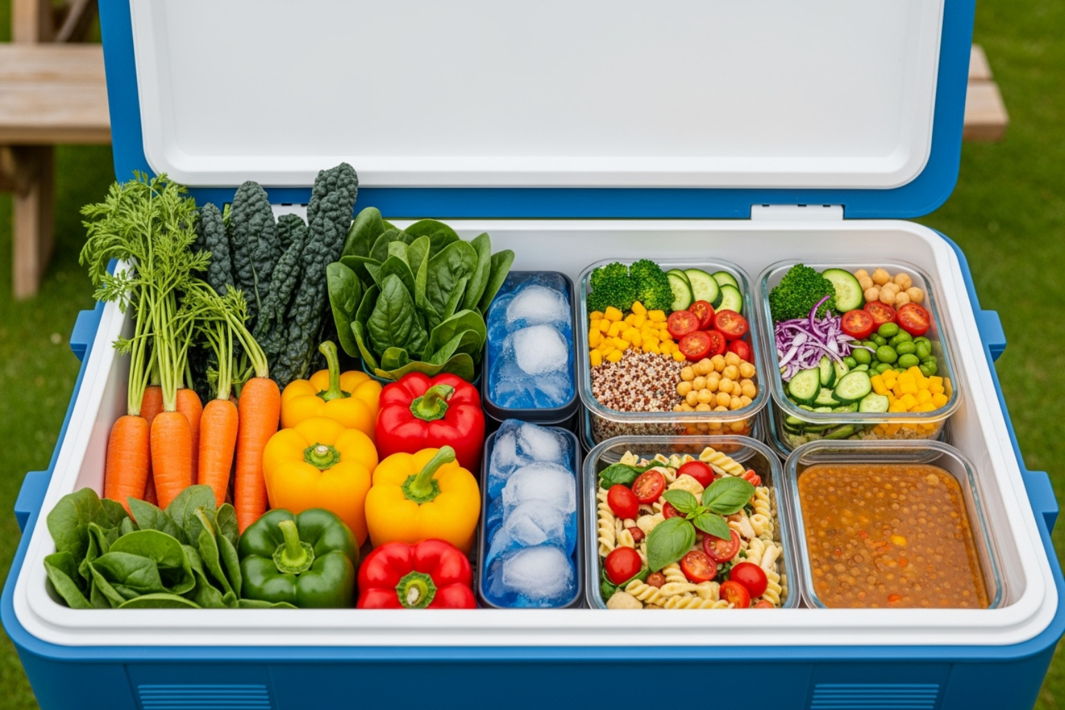 neatly packed cooler with fresh produce and pre-made meals - vegan travel meal prep