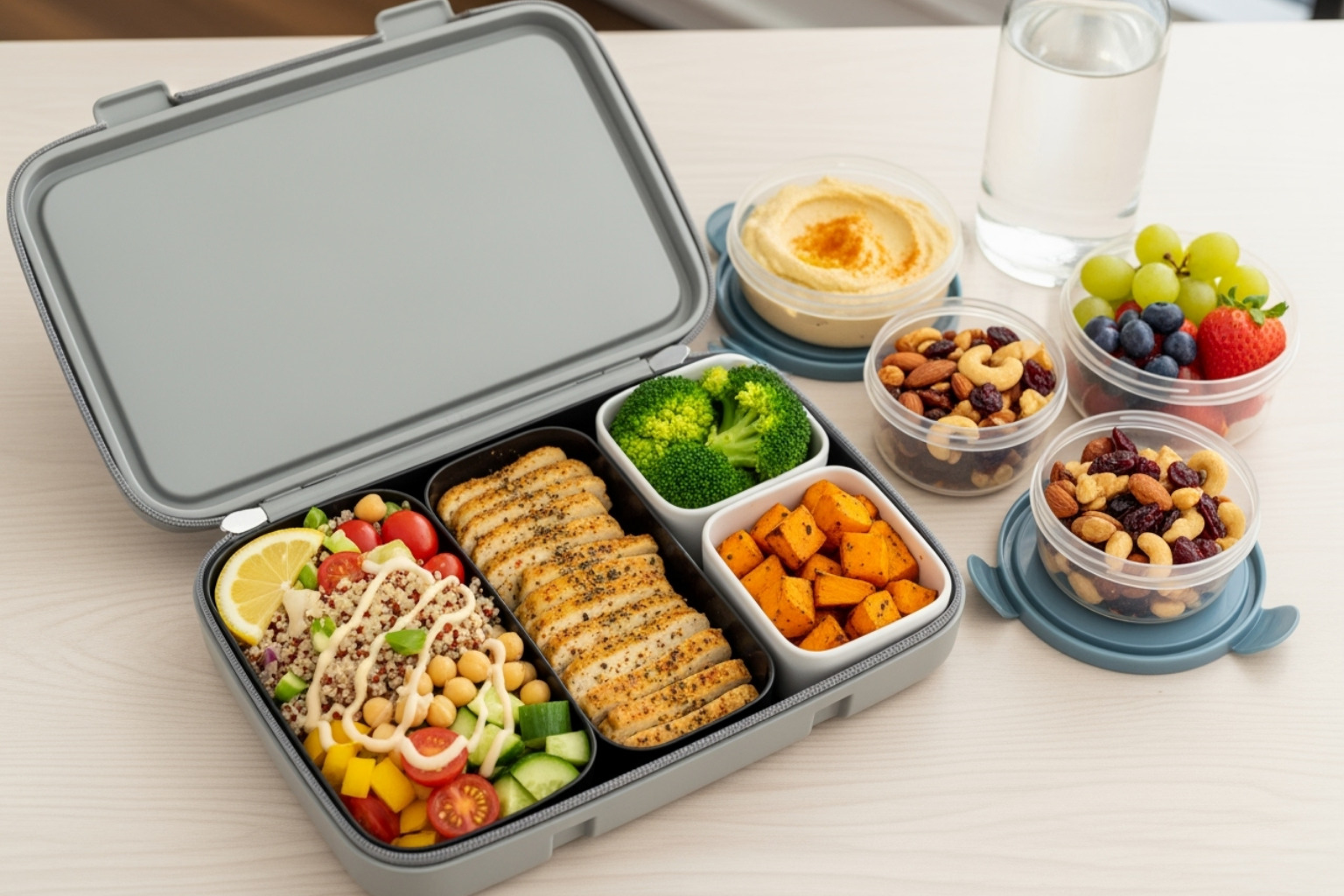 pantry spread with non-perishable vegan items like nuts, dried fruit, and canned beans - vegan travel meal prep