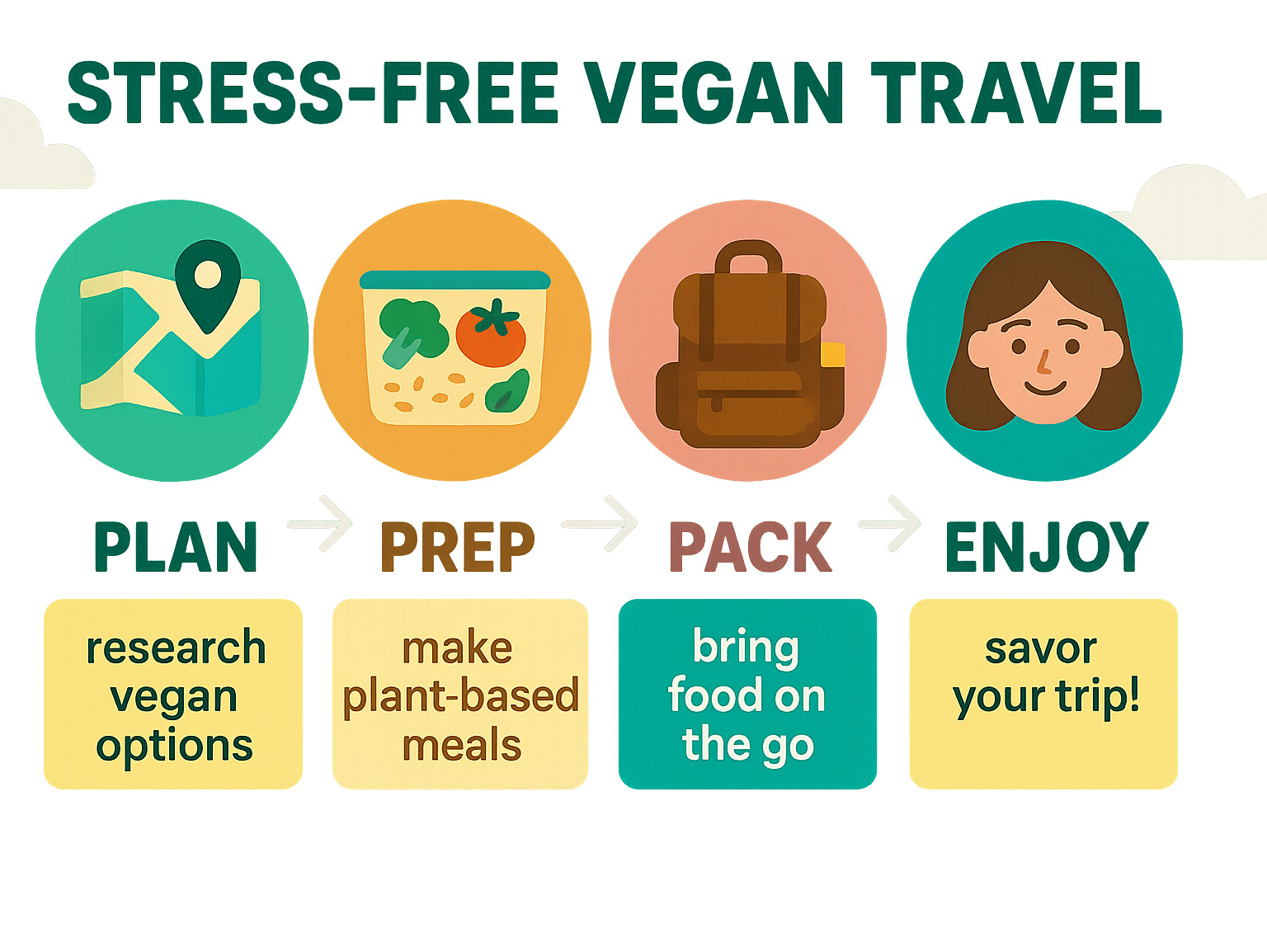 Infographic showing the steps to a stress-free vegan travel experience: Plan, Prep, Pack, and Enjoy. - vegan travel meal prep infographic 