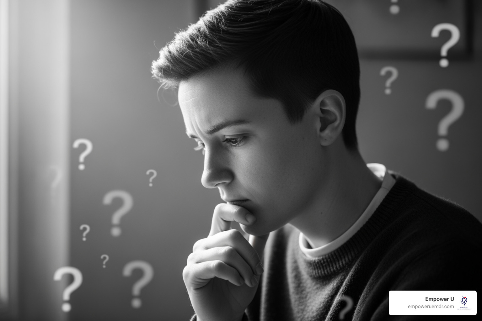 Image of a person looking thoughtful with question marks in the background - emdr for trauma recovery