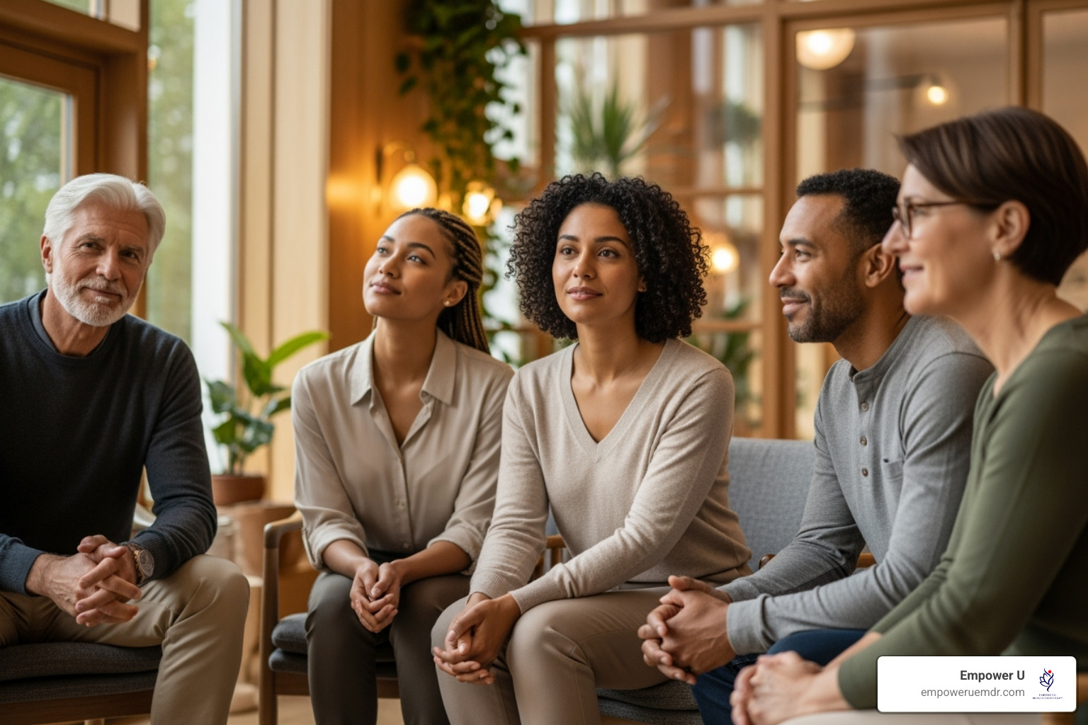 Image depicting a diverse group of people looking reflective and empowered - emdr for trauma recovery