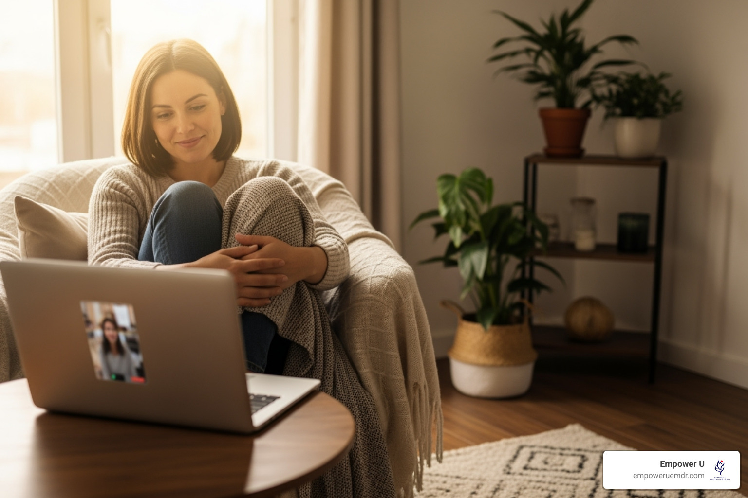 Person finding peace and connection during an online therapy session - Bilingual Therapy in California
