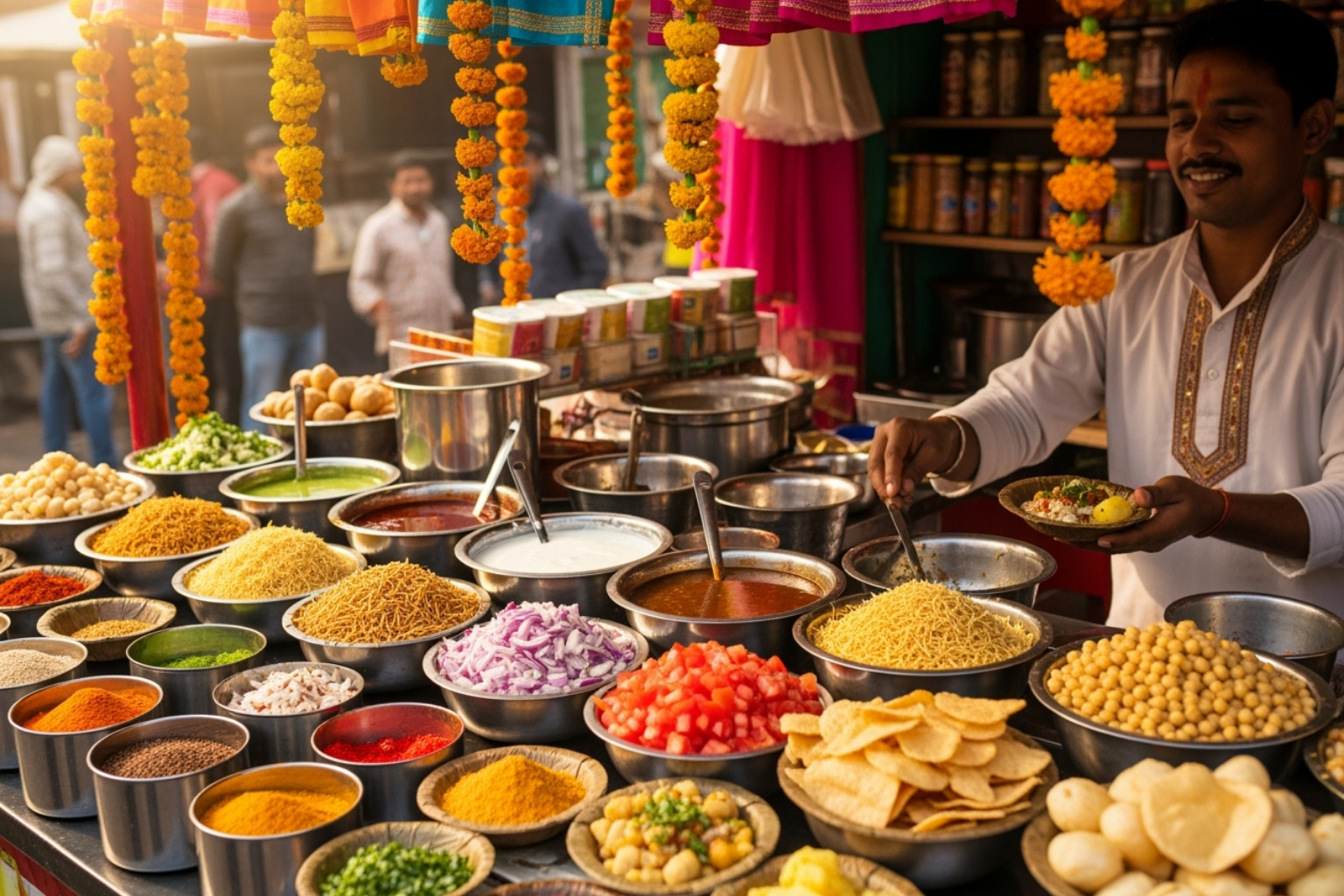 A colorful Indian chaat stall with various toppings - Street food culture