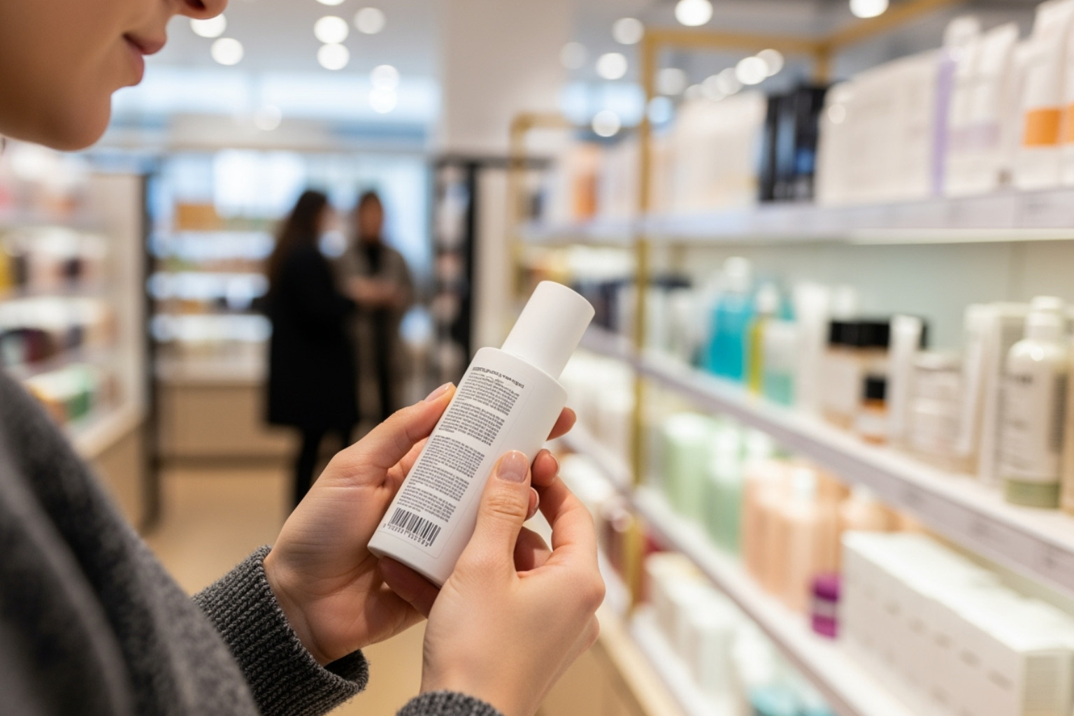 of a consumer reading the back of a cosmetic product in a store - clean beauty revolution