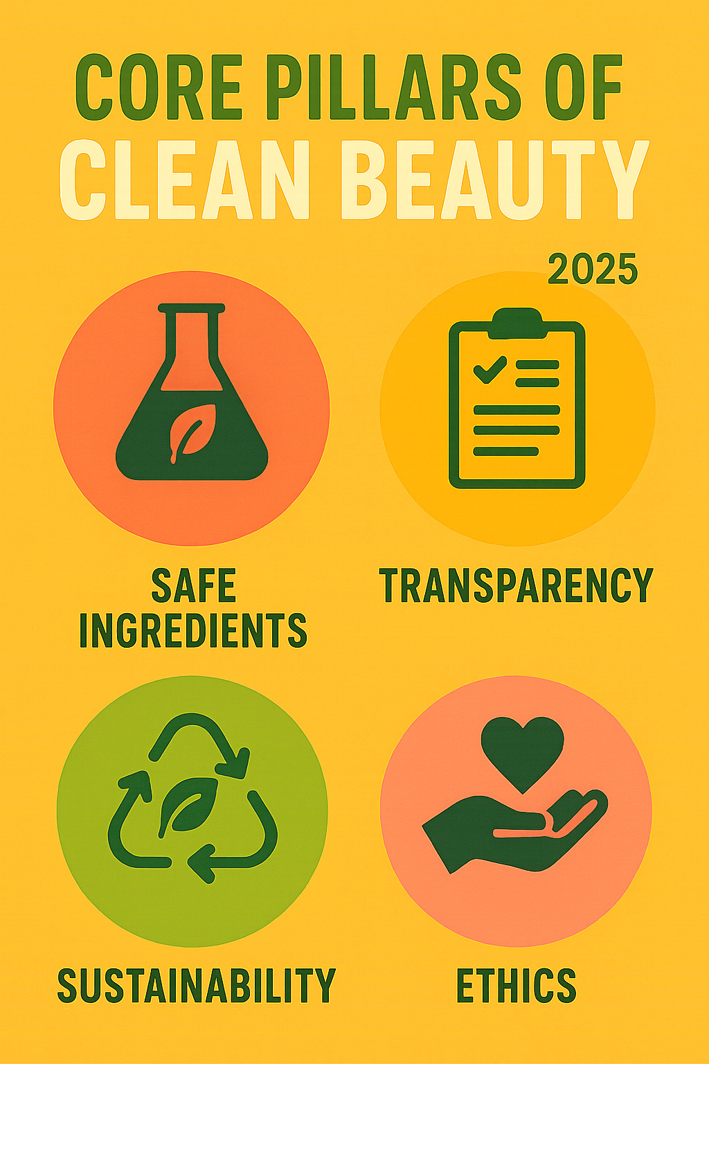Core pillars of clean beauty: Safe Ingredients, Transparency, Sustainability, and Ethics - clean beauty revolution infographic 