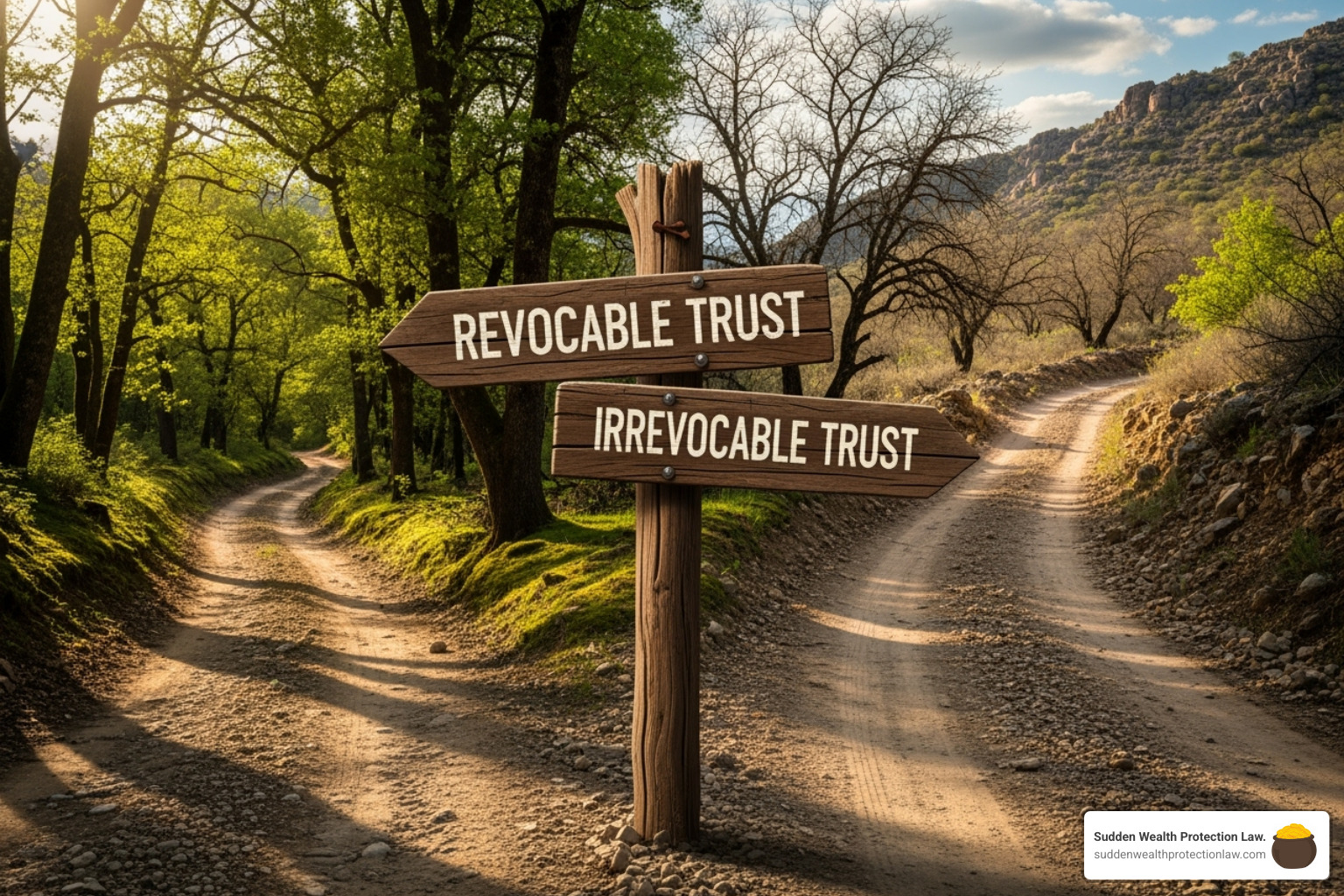 of a fork in the road, with signs pointing to "Revocable Trust" and "Irrevocable Trust" - trustor definition