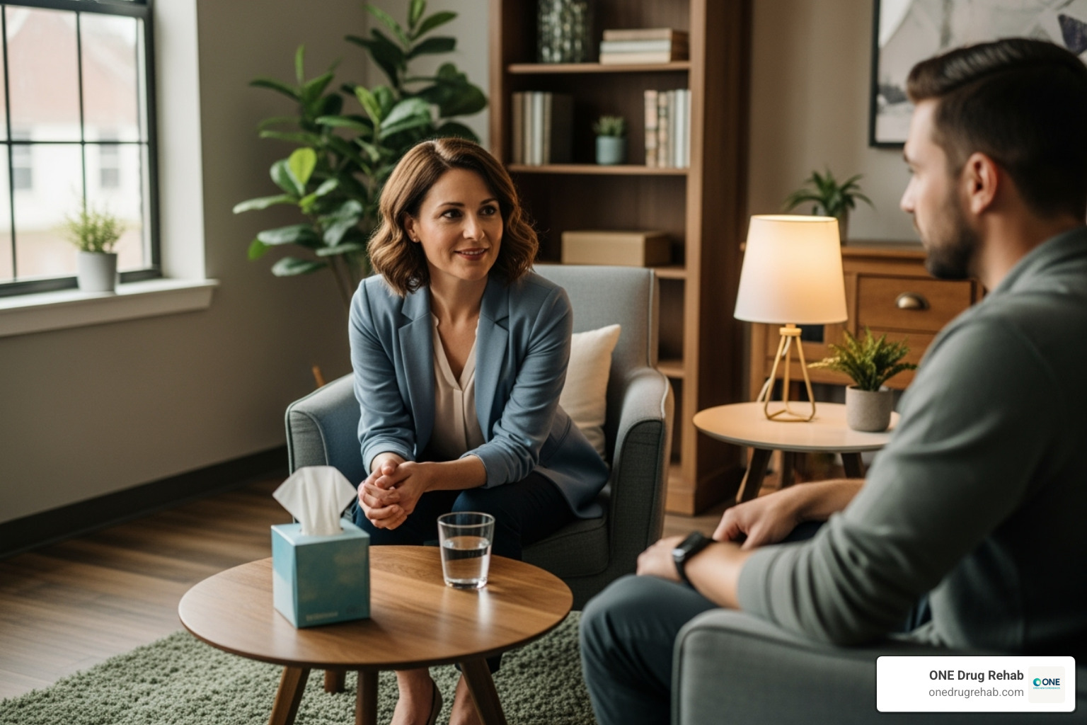 compassionate therapist talking with a patient - inpatient trauma treatment center