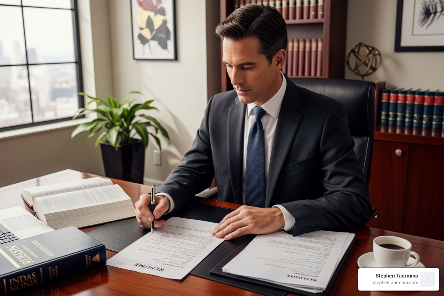lawyer reviewing a professional's resume or CV in a well-lit office - financial markets expert witnesses