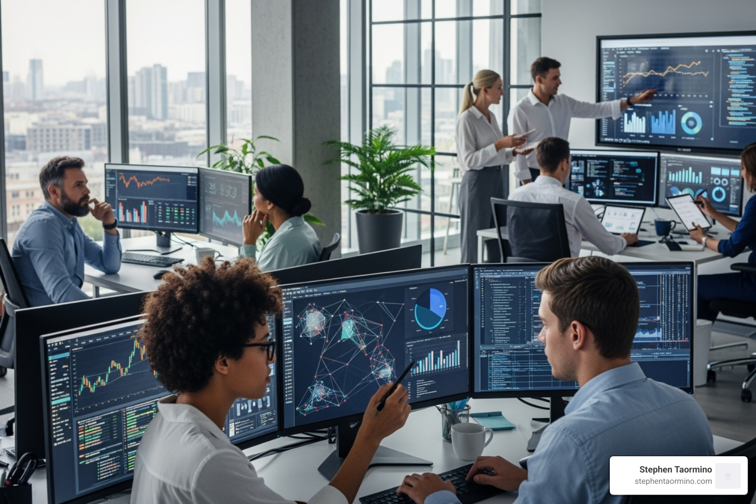 diverse team of professionals analyzing data on multiple screens in a modern office - financial markets expert witnesses
