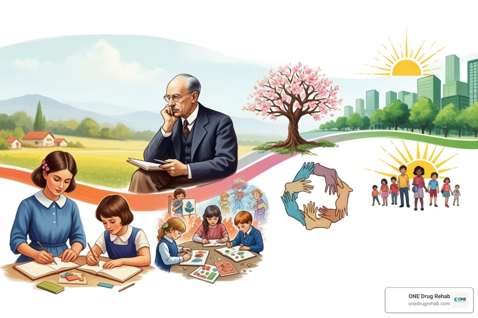 Timeline showing key figures in holistic education like Montessori and Steiner, and the emergence of the modern holistic education movement - holistic education programs