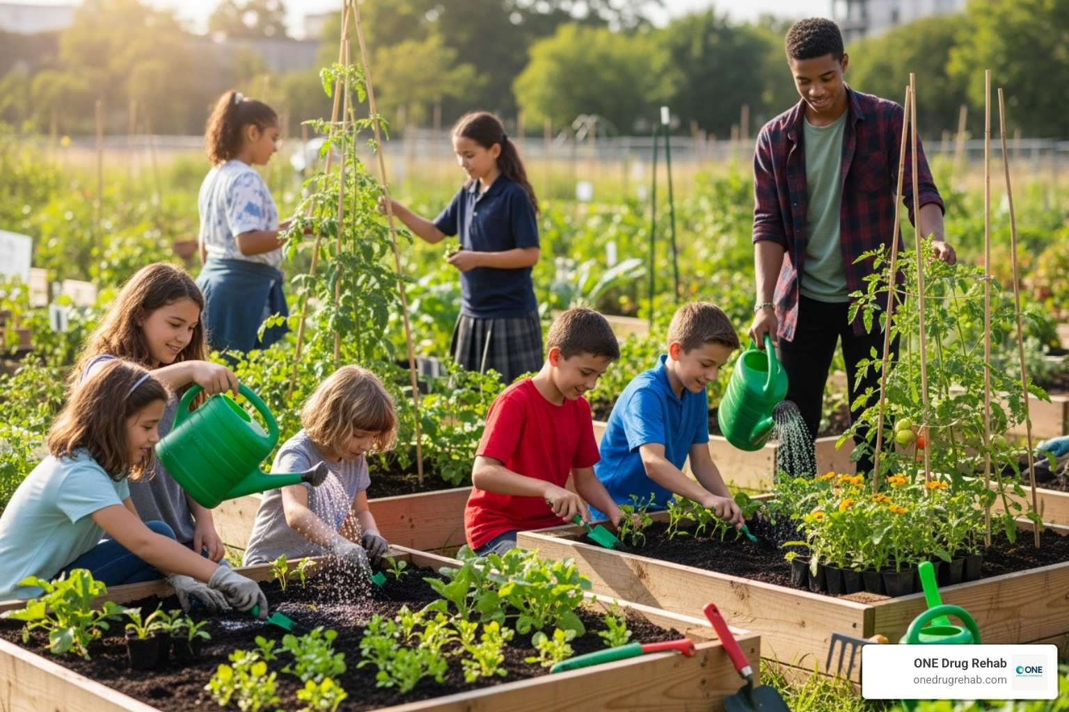 Students working on a community garden project - holistic education programs