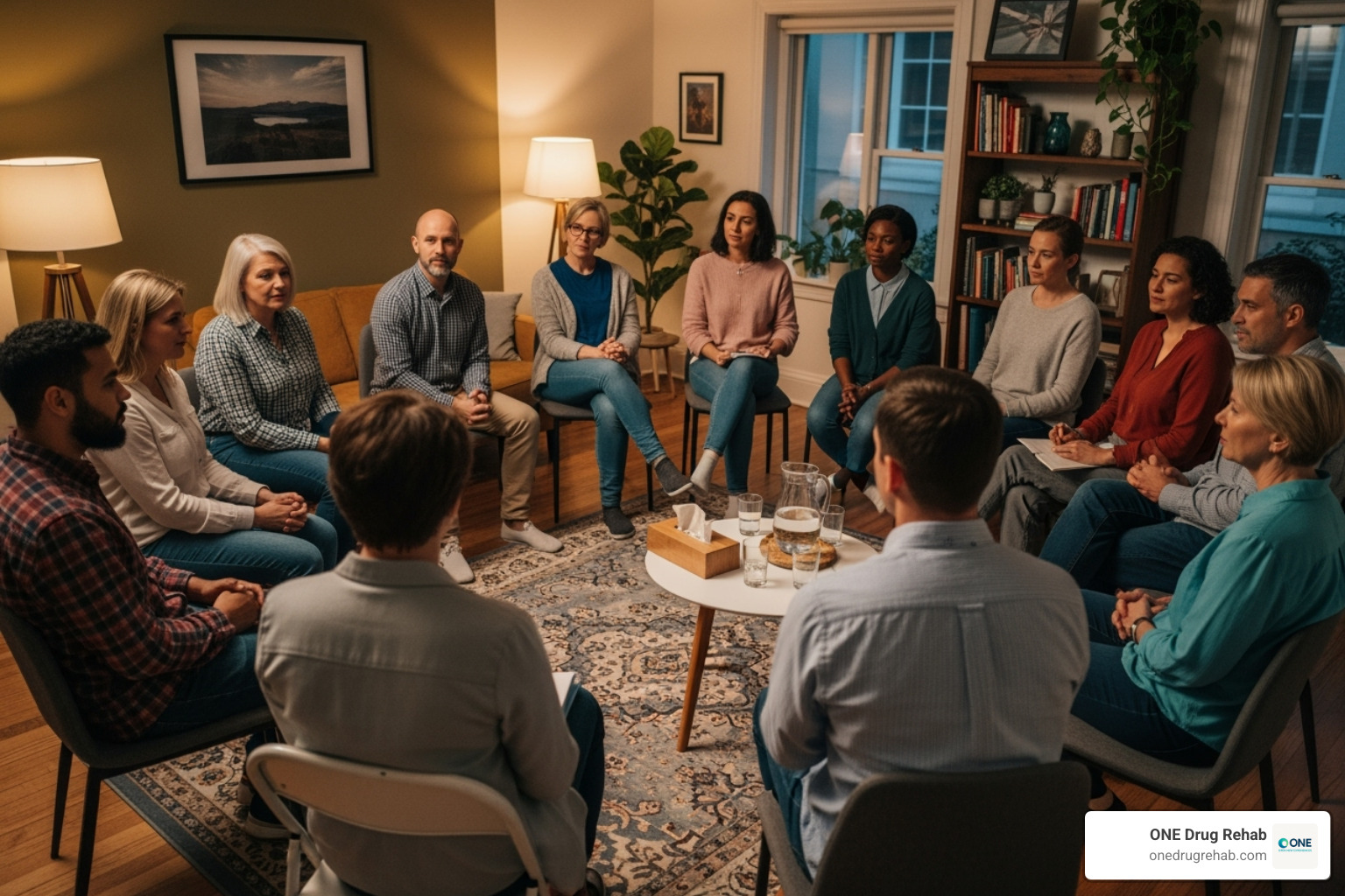 of a diverse group of people in a support meeting - free alcohol rehab