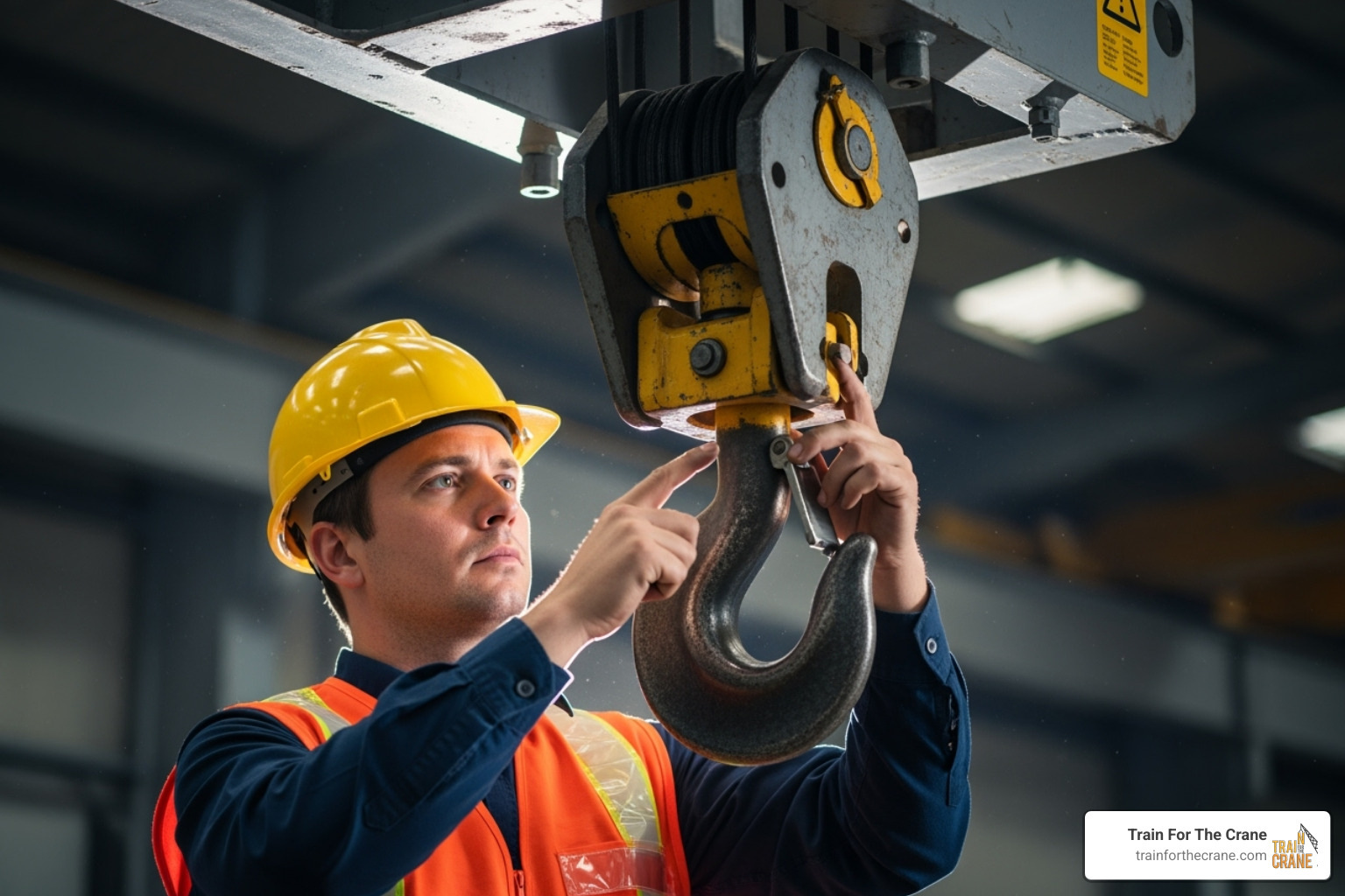 Image of an operator performing a pre-use inspection on a crane hook, highlighting the attention to detail required - overhead crane training Image of an operator performing a pre-use inspection on a crane hook, highlighting the attention to detail required - overhead crane training
