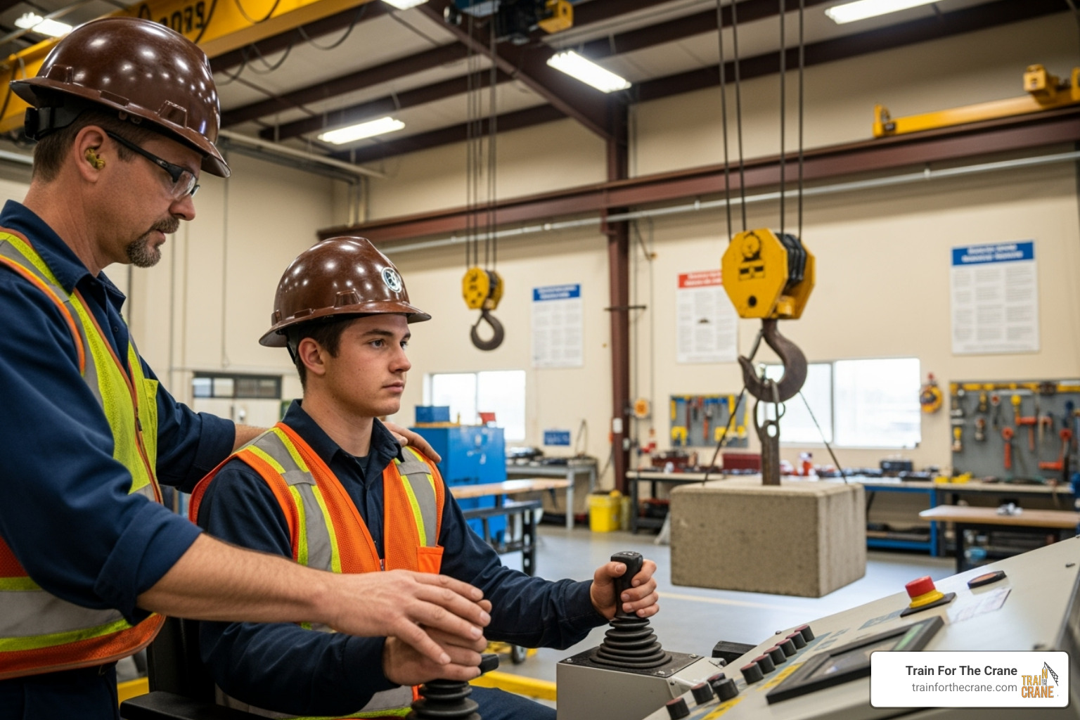 Image of an instructor guiding a student during a hands-on crane operation, demonstrating proper technique and providing immediate feedback - overhead crane training Image of an instructor guiding a student during a hands-on crane operation, demonstrating proper technique and providing immediate feedback - overhead crane training
