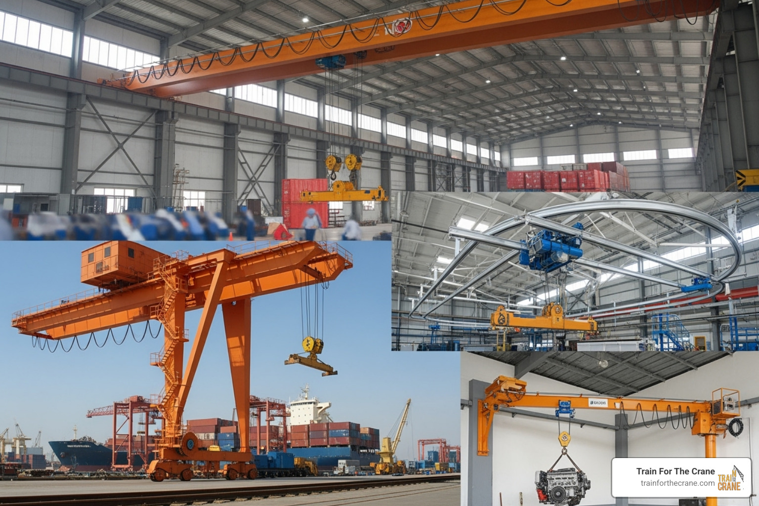 Image illustrating different types of overhead cranes: bridge, gantry, monorail, and jib cranes, showing their structural differences and typical environments - overhead crane training Image illustrating different types of overhead cranes: bridge, gantry, monorail, and jib cranes, showing their structural differences and typical environments - overhead crane training