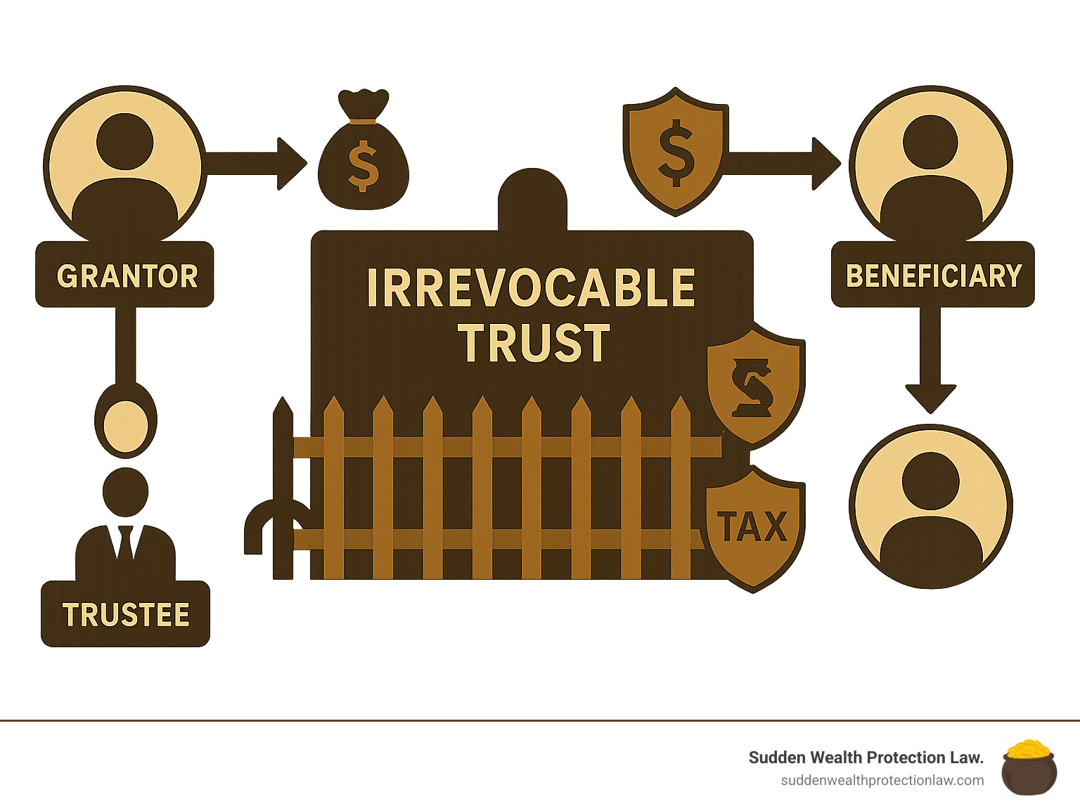 Detailed infographic showing the three parties of an irrevocable trust: The Grantor (you) who transfers assets and gives up control, the Trustee (the manager) who has fiduciary duty to manage assets according to trust terms, and the Beneficiary (your heirs) who receive distributions according to your instructions. Shows flow of assets from grantor to trust to beneficiaries, with protective barriers against creditors, lawsuits, and estate taxes - benefits of setting up an irrevocable trust infographic Detailed infographic showing the three parties of an irrevocable trust: The Grantor (you) who transfers assets and gives up control, the Trustee (the manager) who has fiduciary duty to manage assets according to trust terms, and the Beneficiary (your heirs) who receive distributions according to your instructions. Shows flow of assets from grantor to trust to beneficiaries, with protective barriers against creditors, lawsuits, and estate taxes - benefits of setting up an irrevocable trust infographic