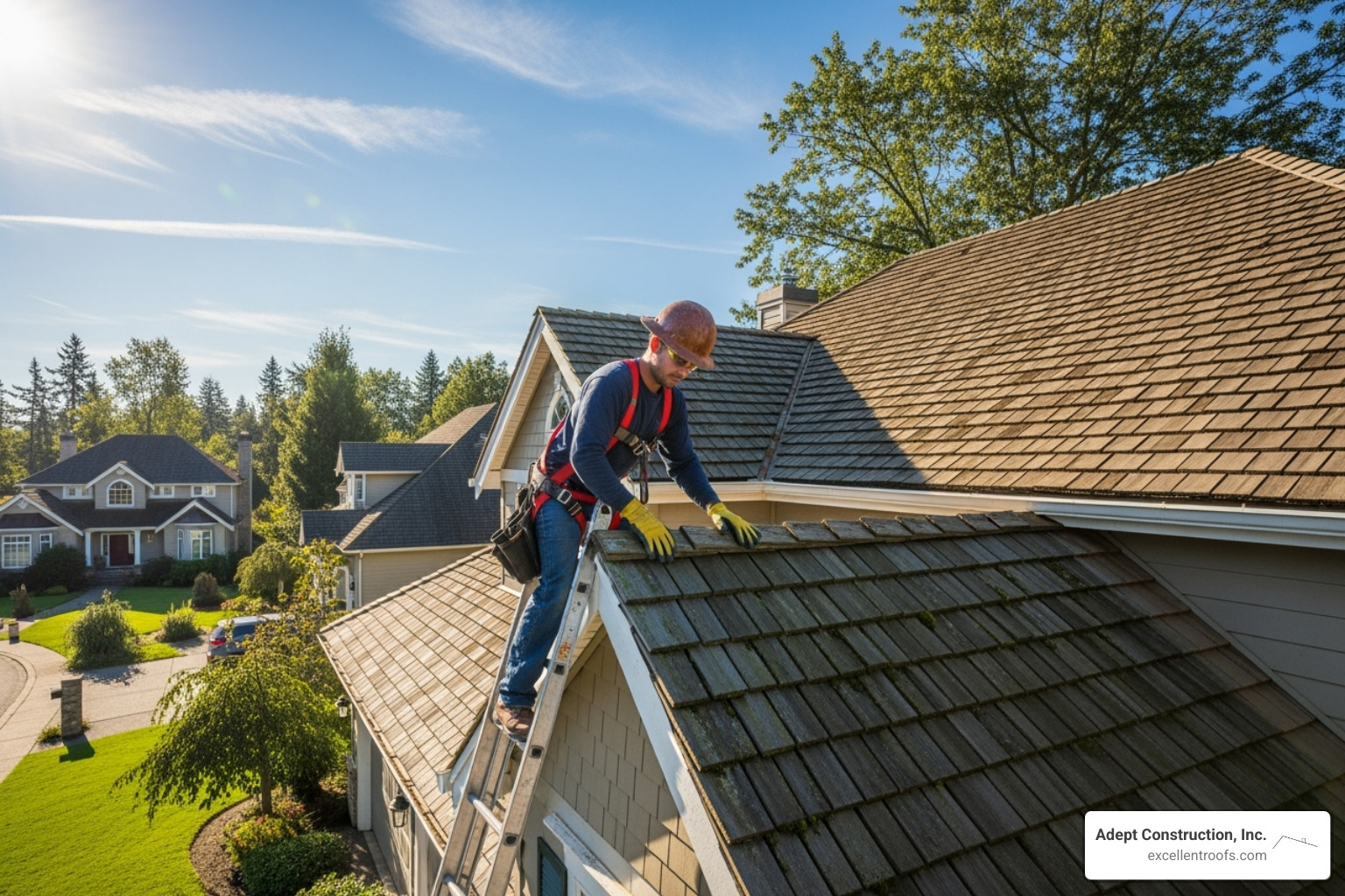 roofing professional safely inspecting a cedar roof in Naperville - cedar roof repair naperville