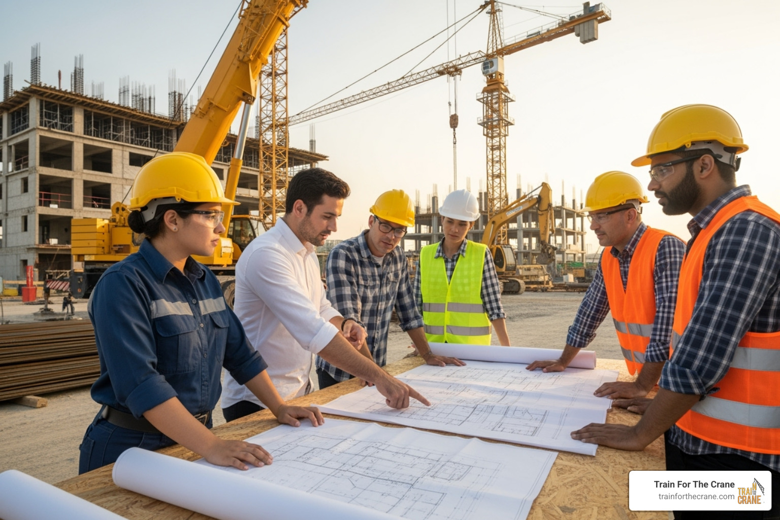 diverse group of construction workers, including a crane operator, looking at blueprints - crane operator career path