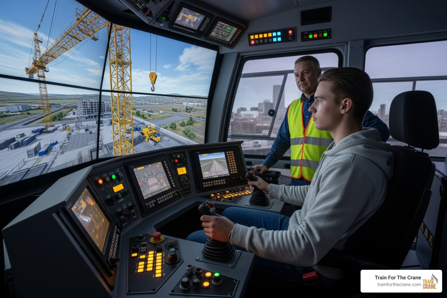 student learning on a crane simulator - crane operator career path