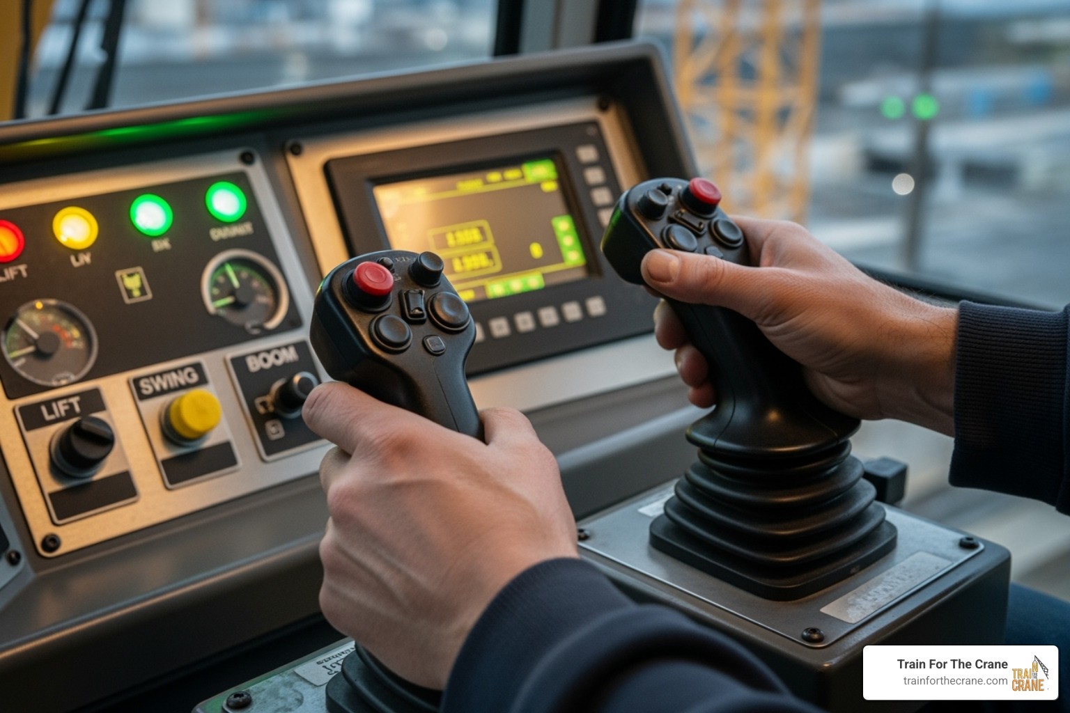 crane's control panel with an operator's hands on the joysticks - crane operator career path