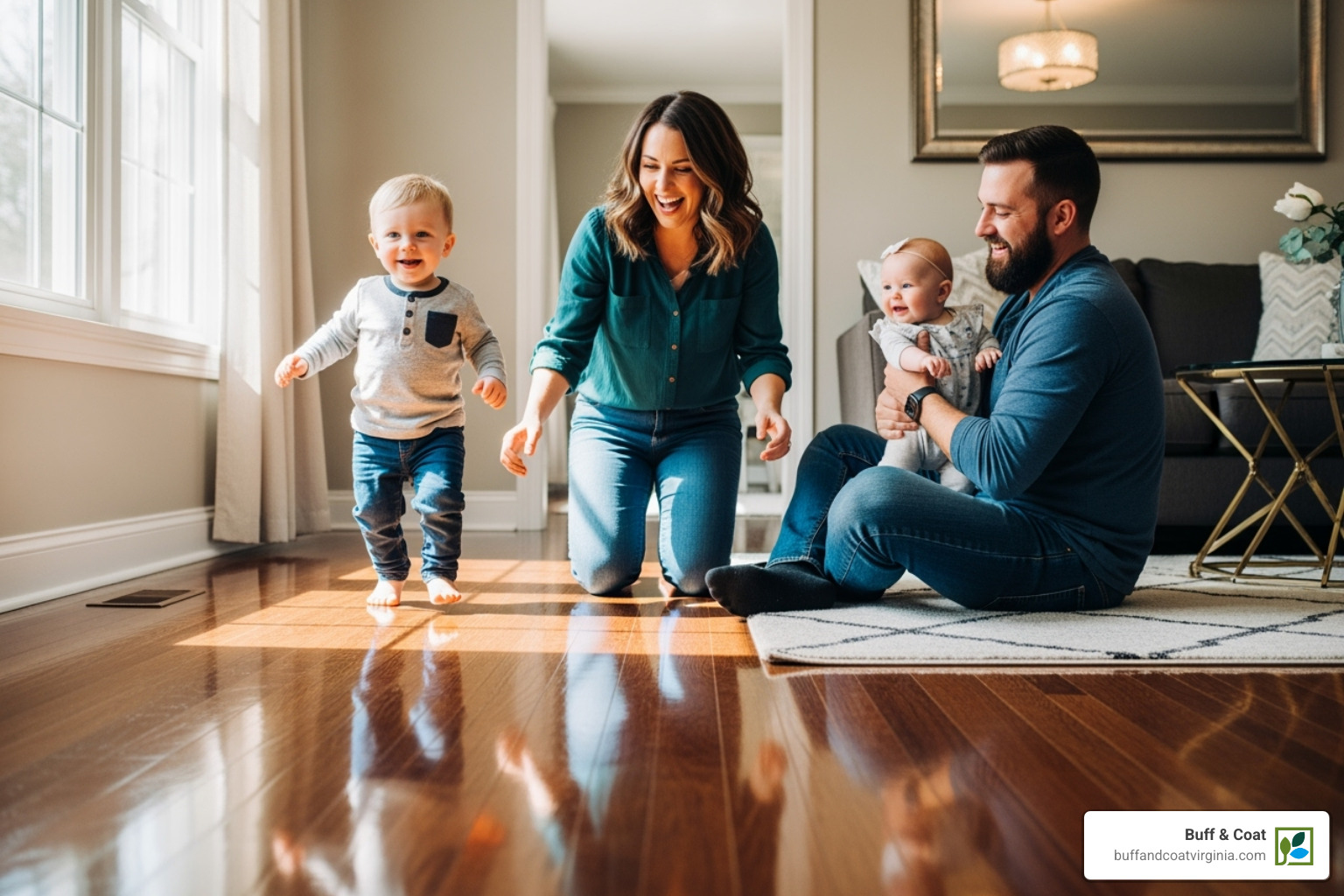 family enjoying their newly shined hardwood floors - hardwood buff and coat family enjoying their newly shined hardwood floors - hardwood buff and coat