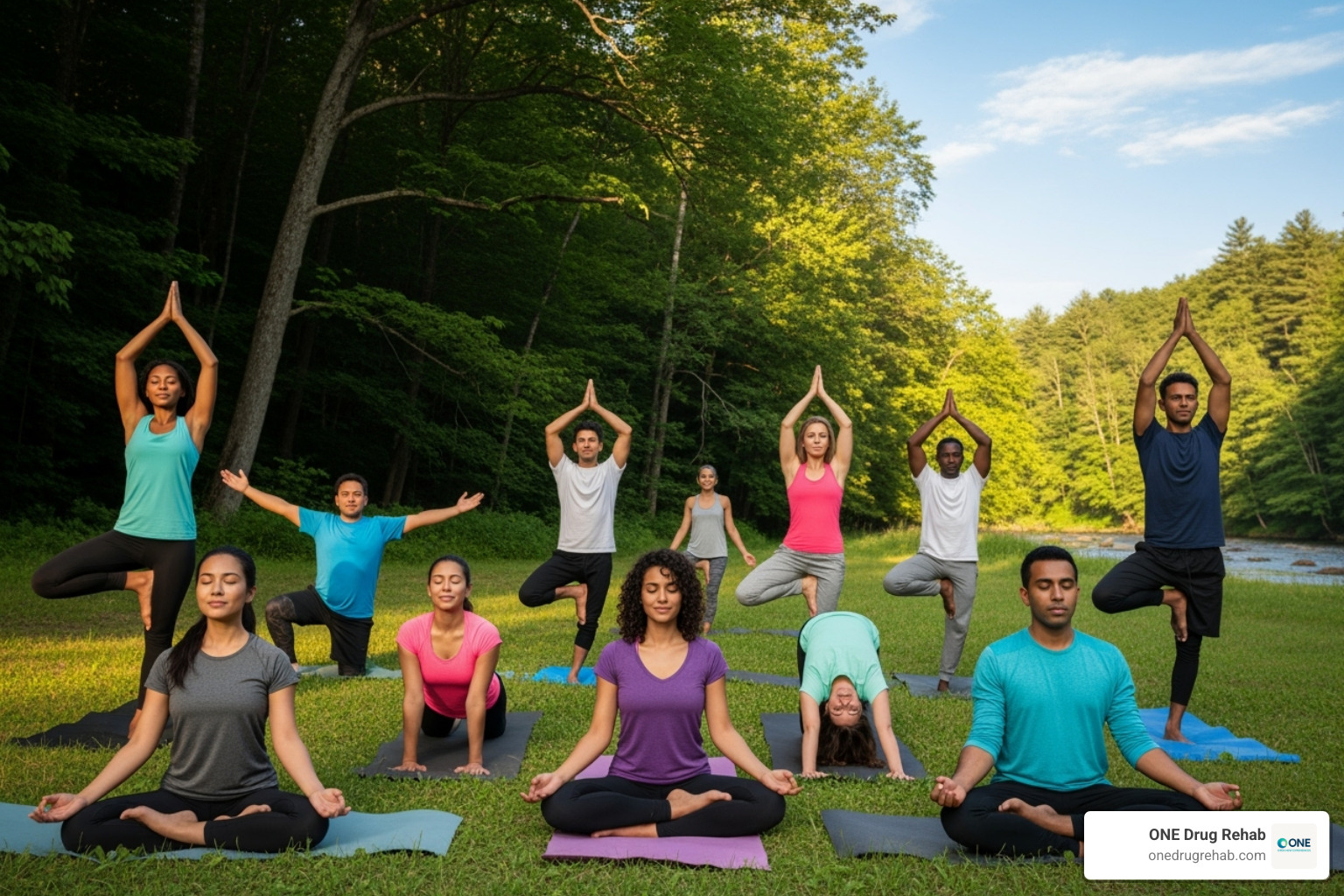 a group of diverse people enjoying an outdoor yoga class - holistic fitness programs