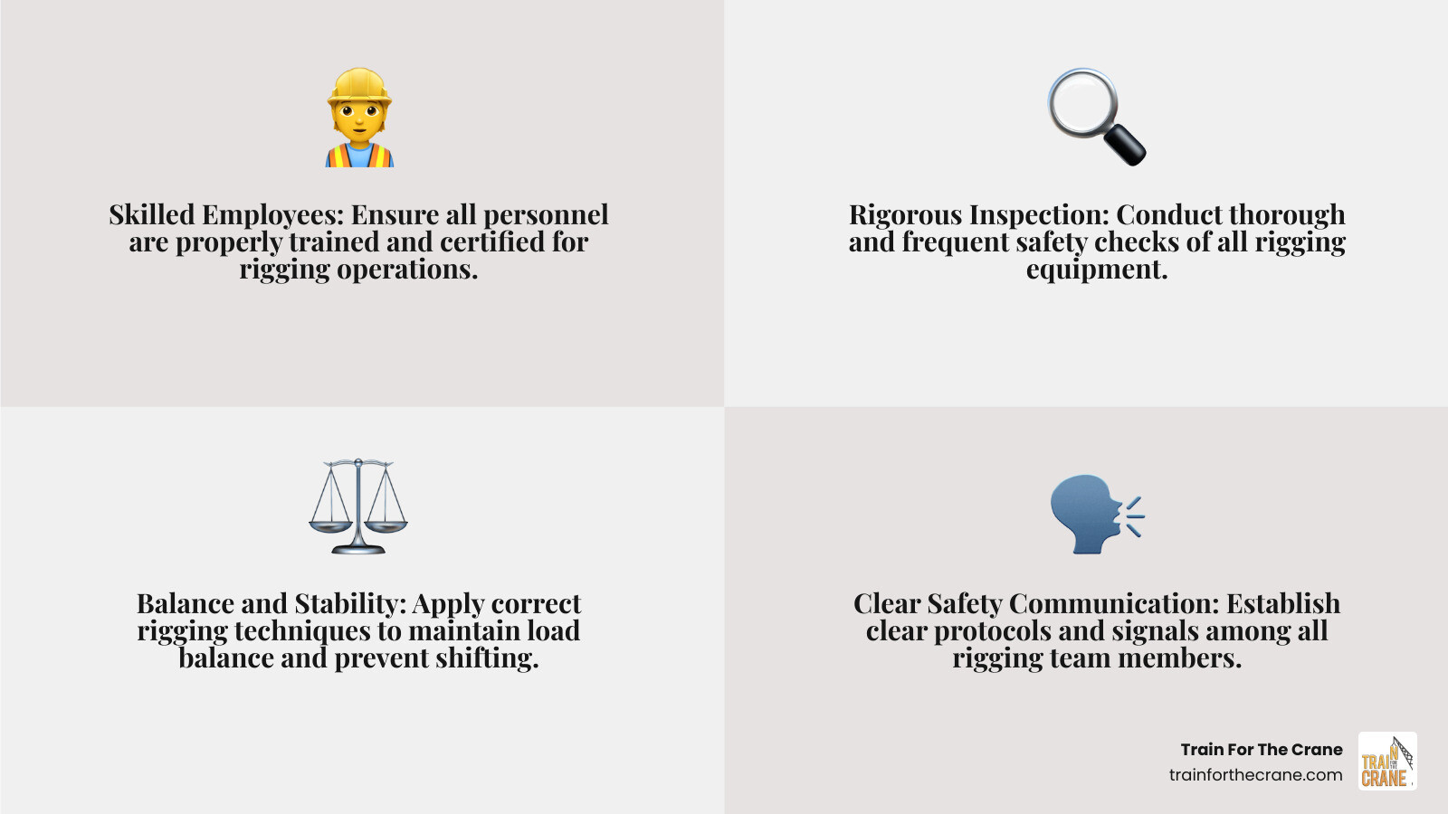 Infographic showing the four basic rules of rigging: Skilled Employees (proper training and certification required), Rigorous Inspection (thorough safety checks of all rigging equipment), Balance and Stability (correct rigging techniques to prevent load shifting), and Clear Safety Communication (established protocols among rigging teams) - basic rigging training infographic 4_facts_emoji_grey Infographic showing the four basic rules of rigging: Skilled Employees (proper training and certification required), Rigorous Inspection (thorough safety checks of all rigging equipment), Balance and Stability (correct rigging techniques to prevent load shifting), and Clear Safety Communication (established protocols among rigging teams) - basic rigging training infographic 4_facts_emoji_grey