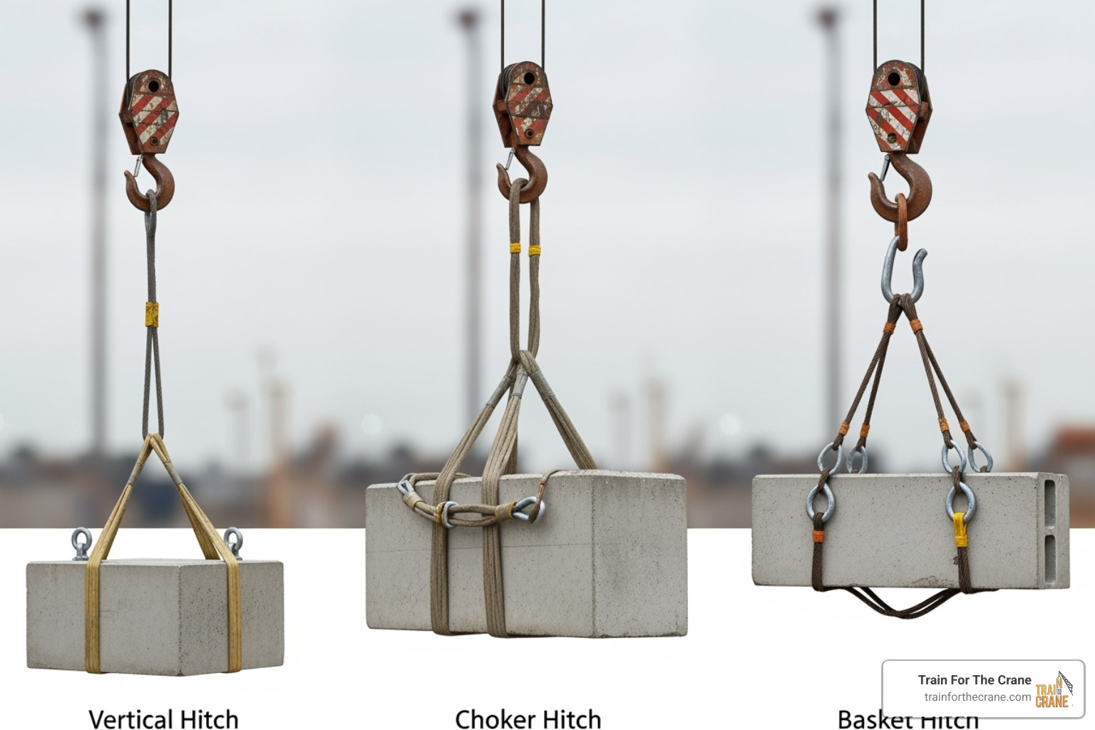 Different types of rigging hitches including vertical, choker, and basket hitches - basic rigging training Different types of rigging hitches including vertical, choker, and basket hitches - basic rigging training