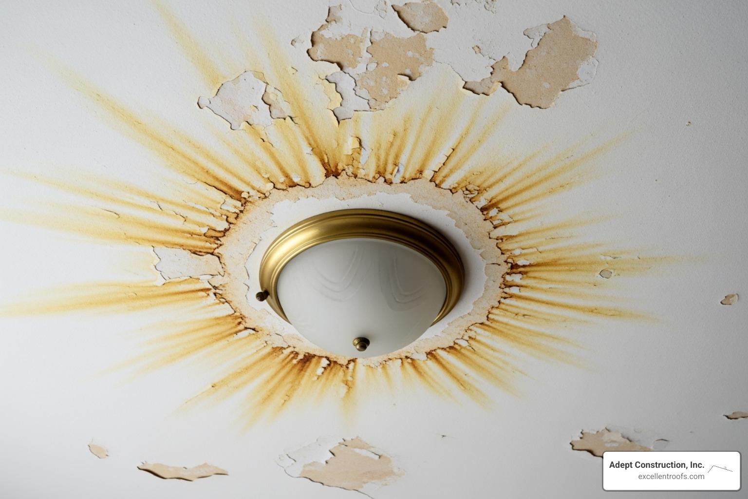 Water stains on a ceiling next to a light fixture - roofing repair naperville