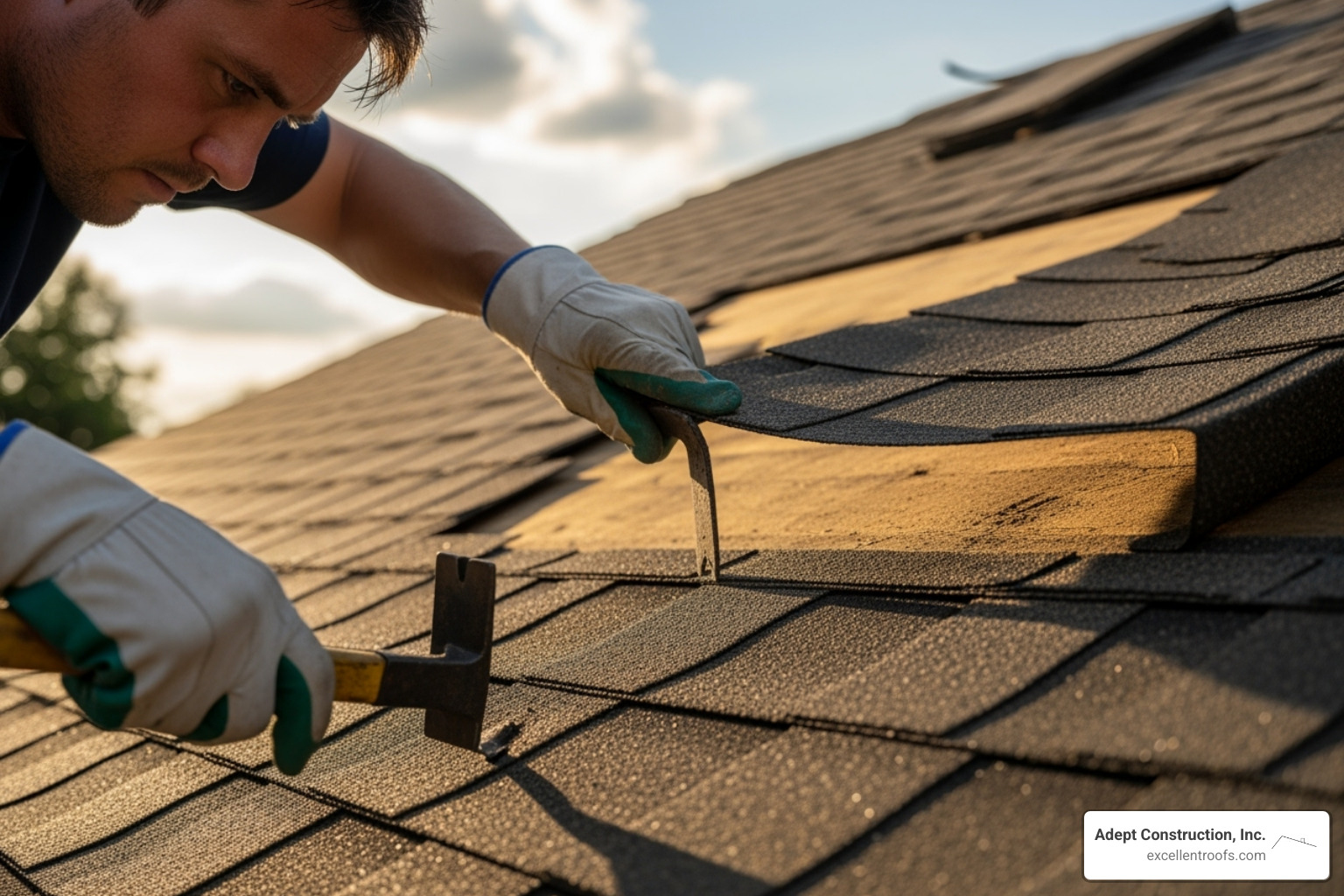 A roofer replacing a small section of damaged shingles - roofing repair naperville