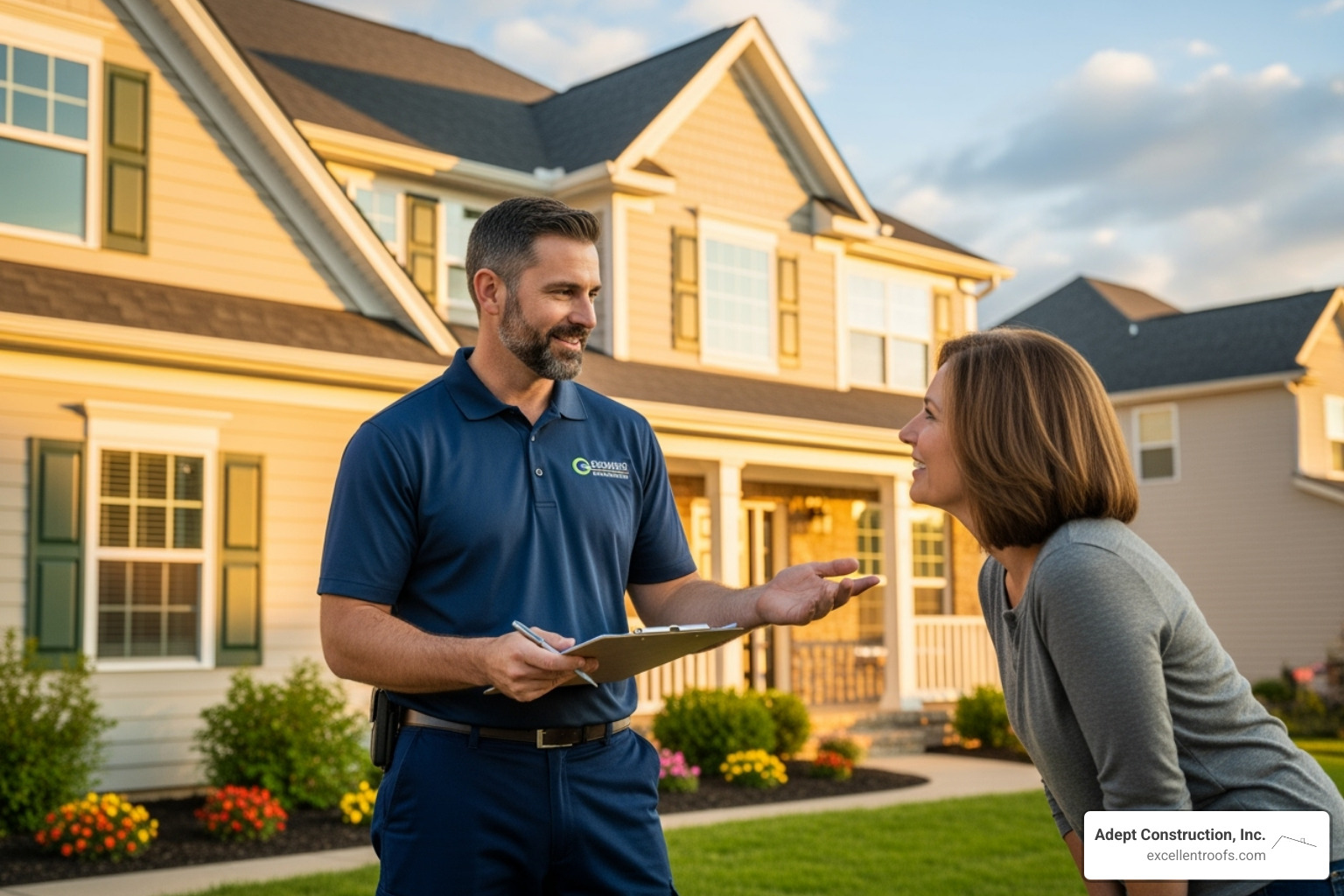Friendly, professional roofer in uniform providing a quote to a homeowner - roofing repair naperville