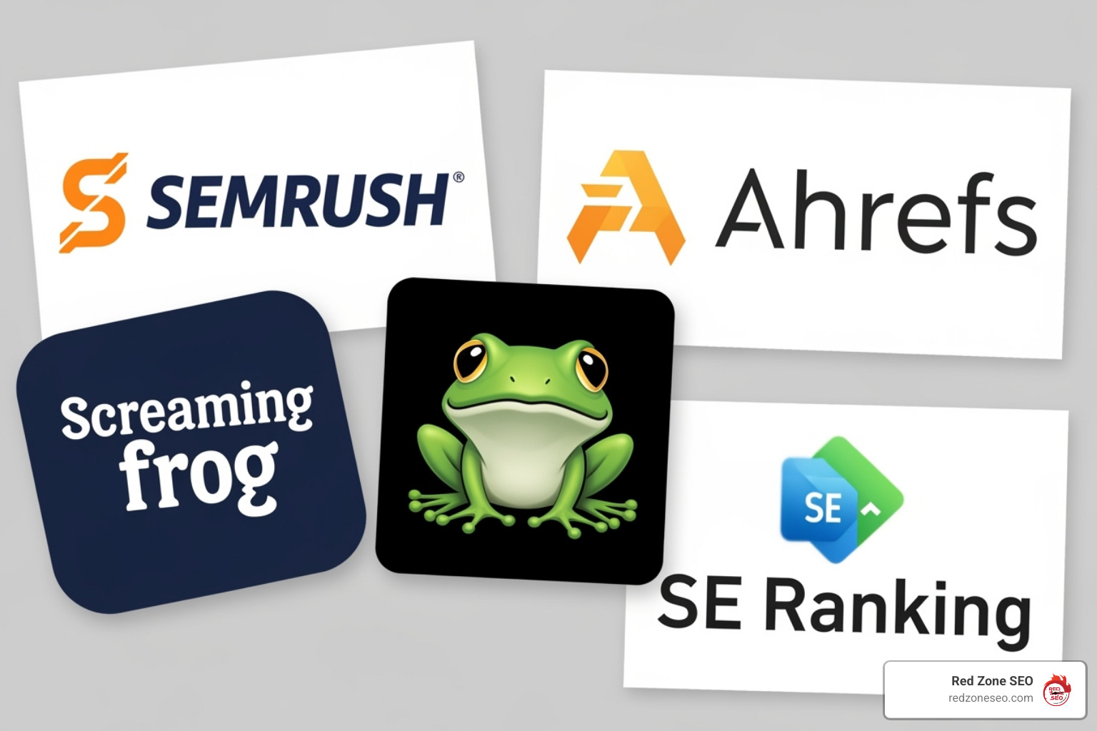 Logos for Semrush, Ahrefs, Screaming Frog, and SE Ranking - technical seo audit tool