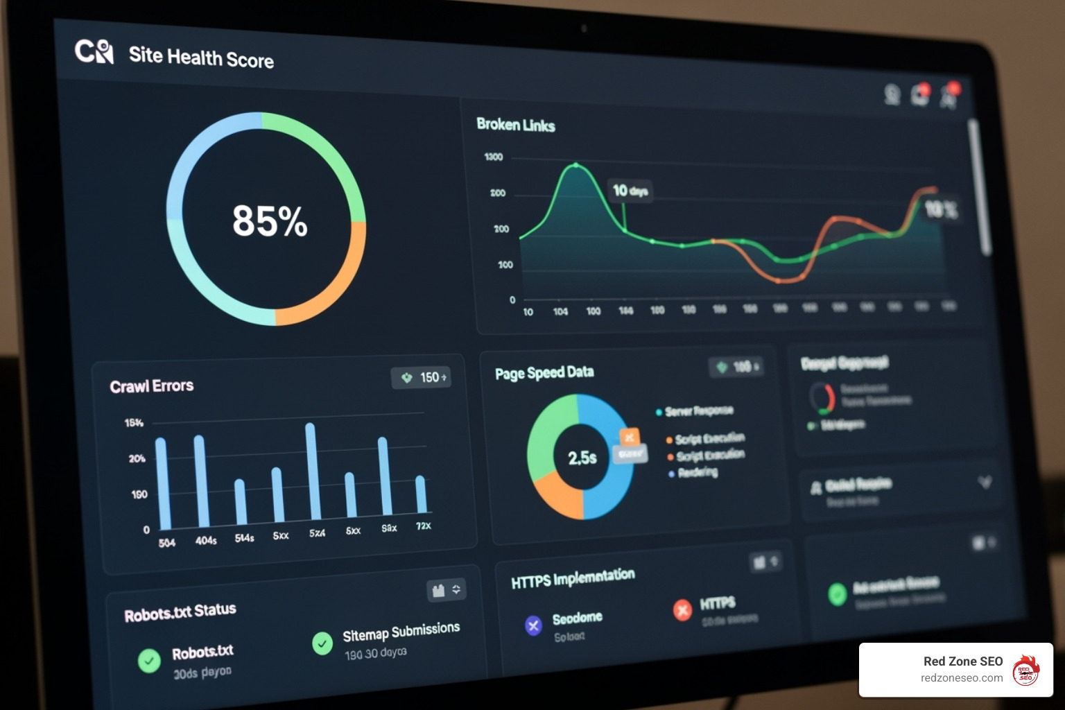 A technical SEO tool dashboard showing various metrics like site health score, crawl errors, broken links, and page speed data - technical seo audit tool