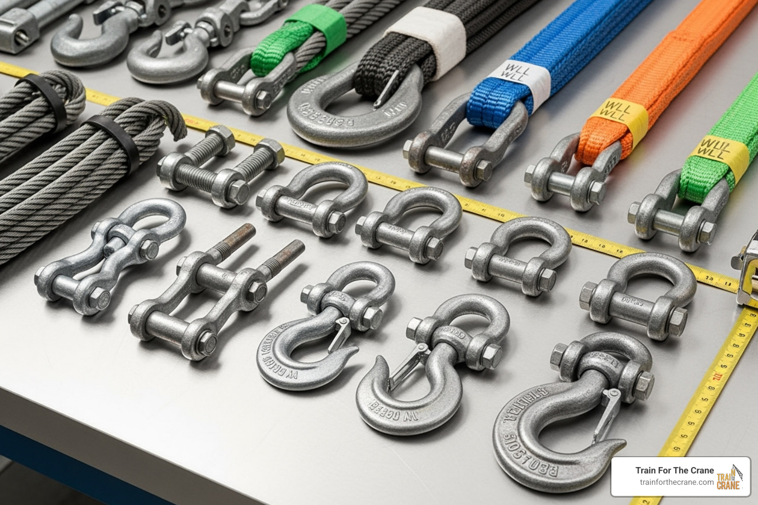 Various rigging hardware including slings, shackles, and hooks laid out for inspection - basic rigging training Various rigging hardware including slings, shackles, and hooks laid out for inspection - basic rigging training