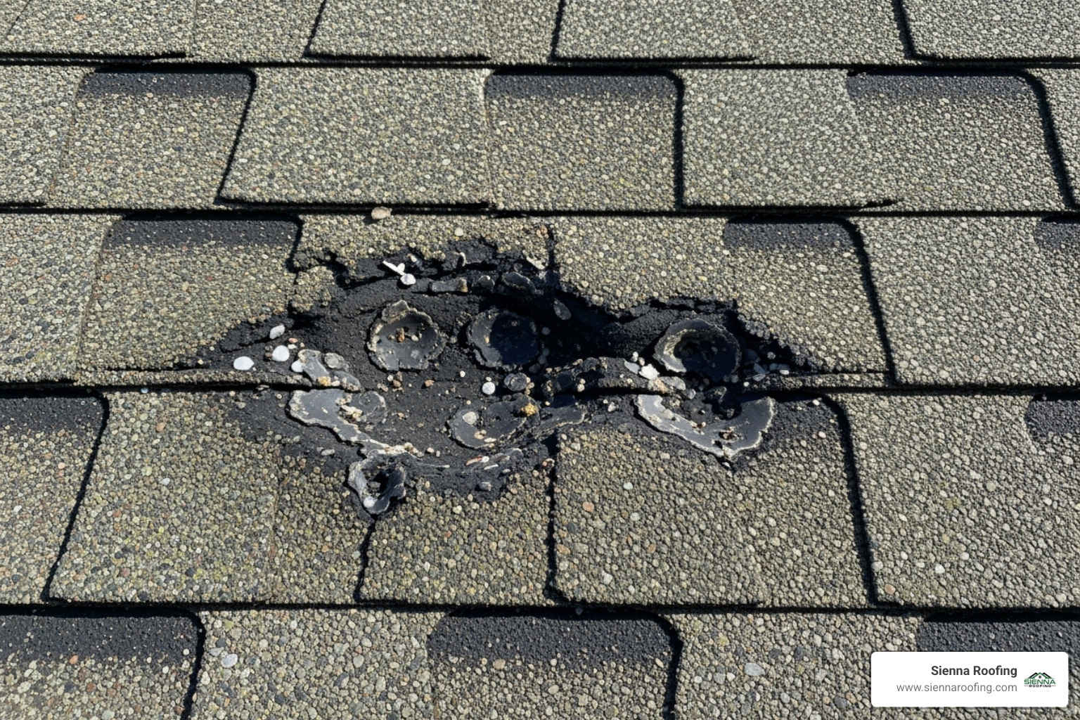 clear hail damage on an asphalt shingle - local roofing and restoration