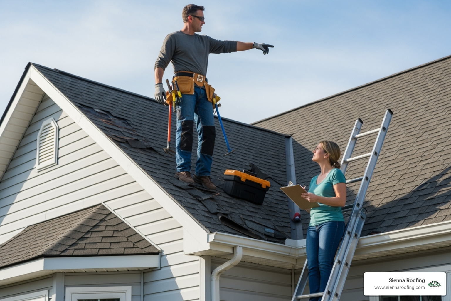 a roofer pointing out damage on a roof to a homeowner holding a clipboard - local roofing and restoration