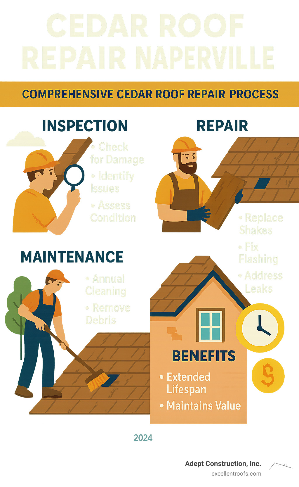 Comprehensive cedar roof repair process infographic showing inspection steps, common repair types, maintenance schedule, and longevity benefits for Naperville homeowners - cedar roof repair naperville infographic 