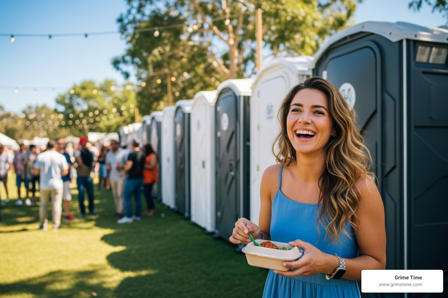 A happy customer at an event with clean restrooms in the background - austin portable restroom
