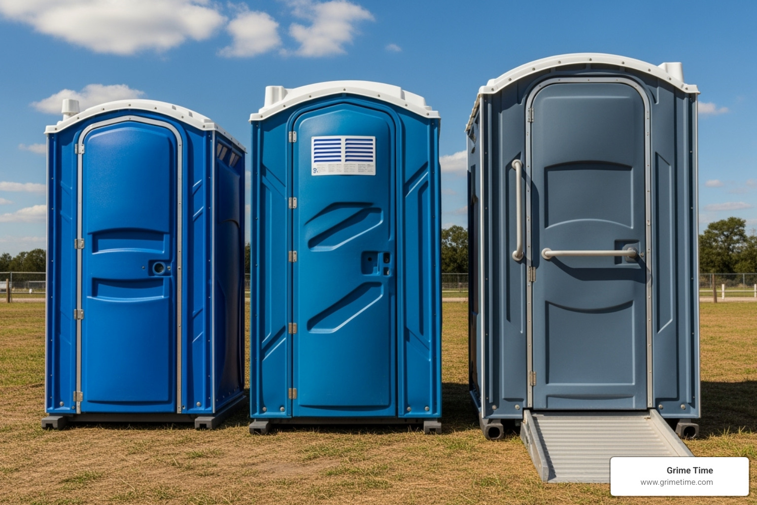 image showing a standard portable toilet, a deluxe flushing unit, and an ADA-compliant unit side-by-side - Portable toilet rentals