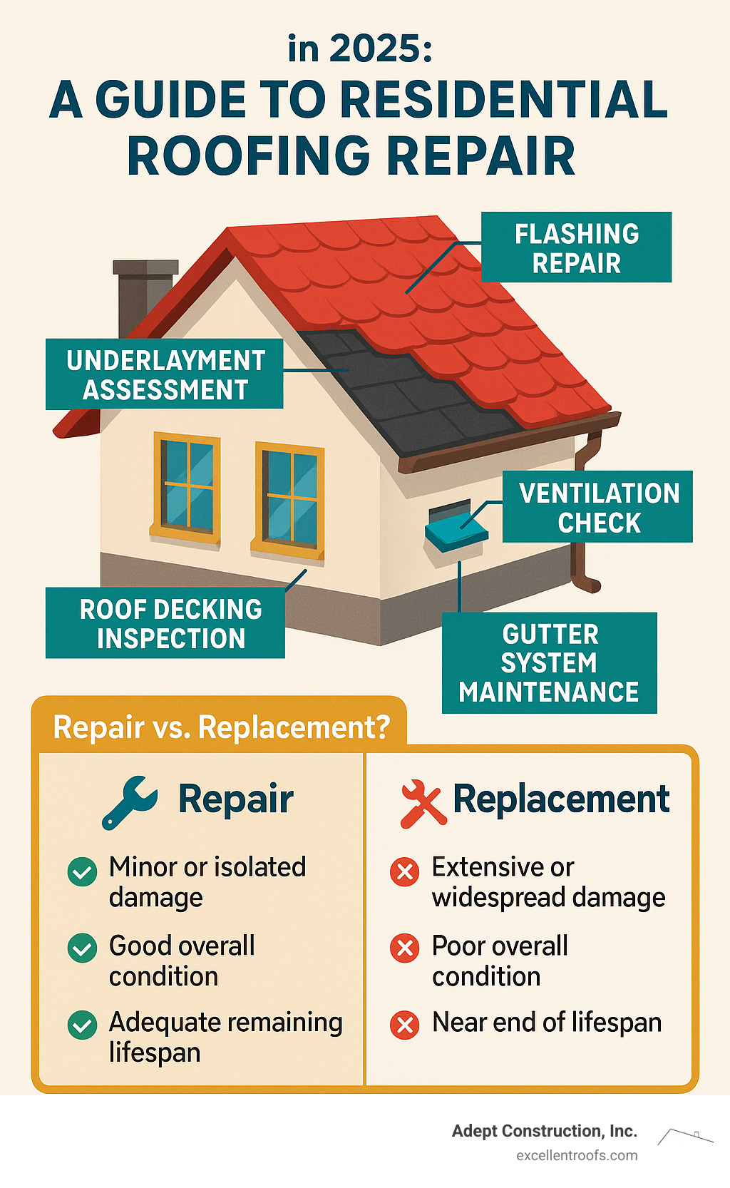 Comprehensive guide to residential roofing repair components including roof decking inspection, underlayment assessment, shingle evaluation, flashing repair, ventilation check, and gutter system maintenance with detailed breakdown of when repairs vs replacement are needed - roofing repair naperville infographic 